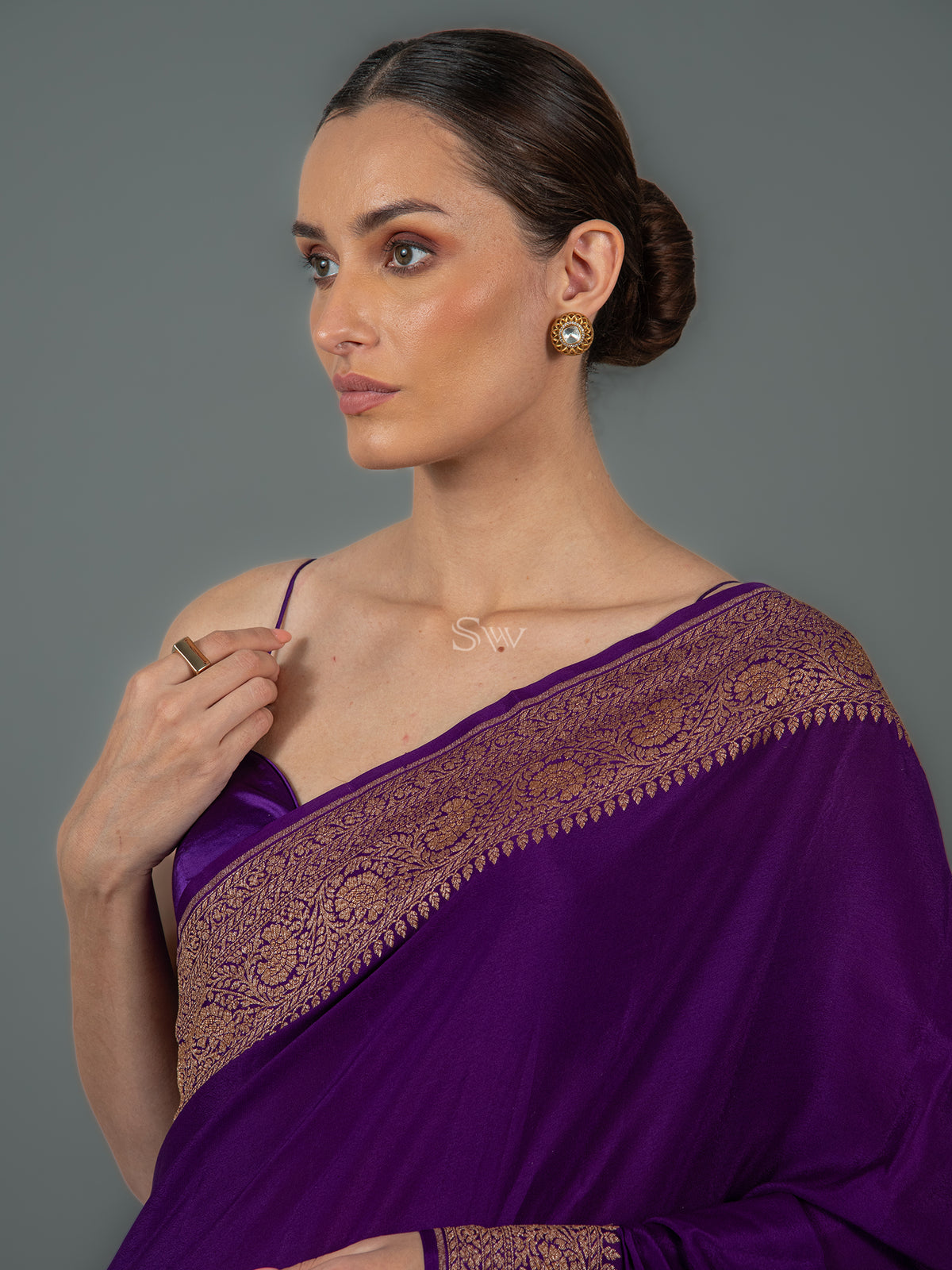 Purple Plain Crepe Silk Handloom Banarasi Saree - Sacred Weaves