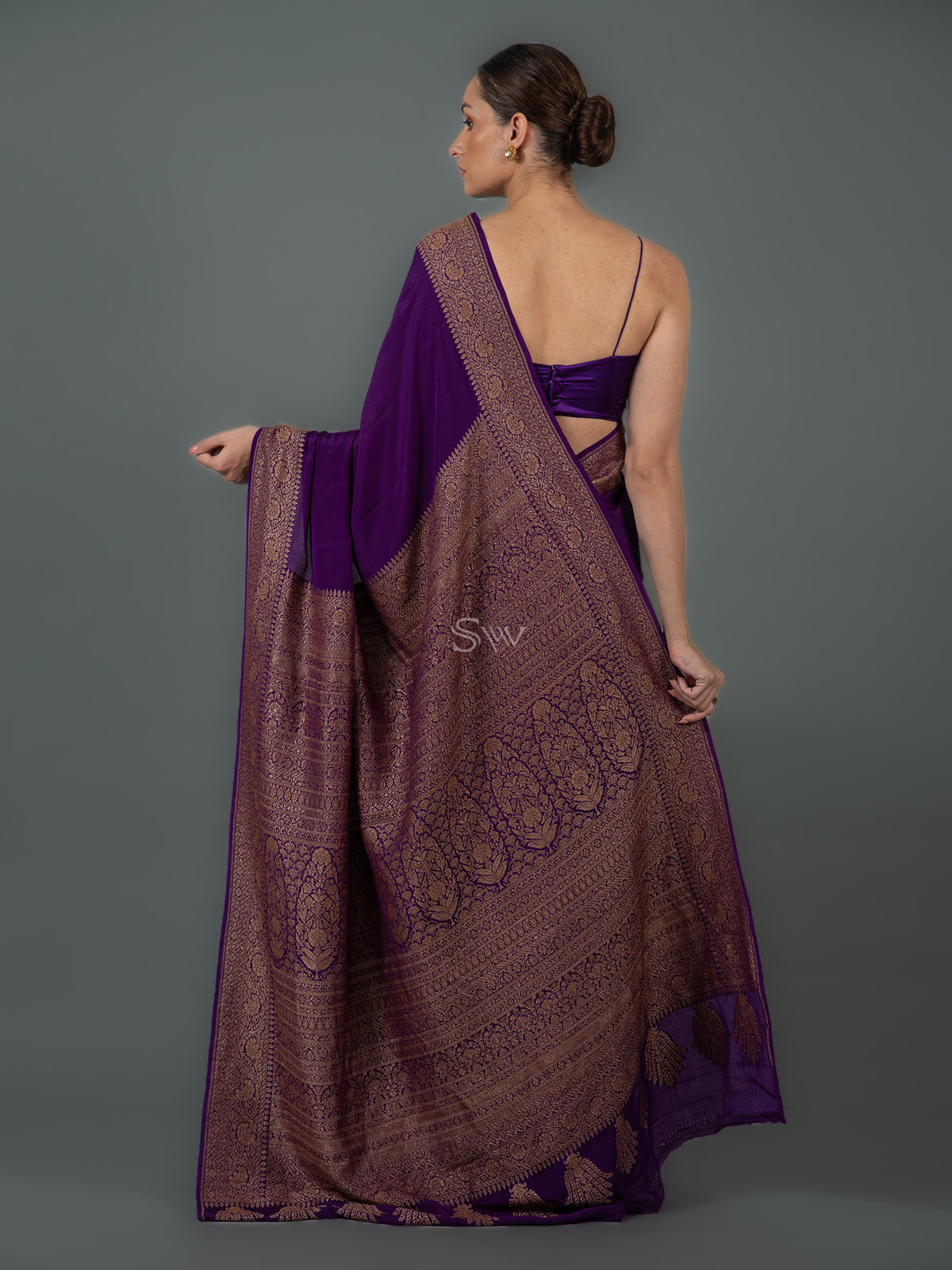 Purple Plain Crepe Silk Handloom Banarasi Saree - Sacred Weaves