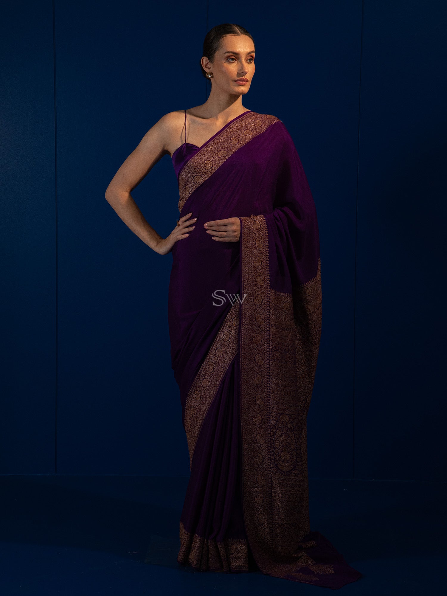 Purple Plain Crepe Silk Handloom Banarasi Saree - Sacred Weaves