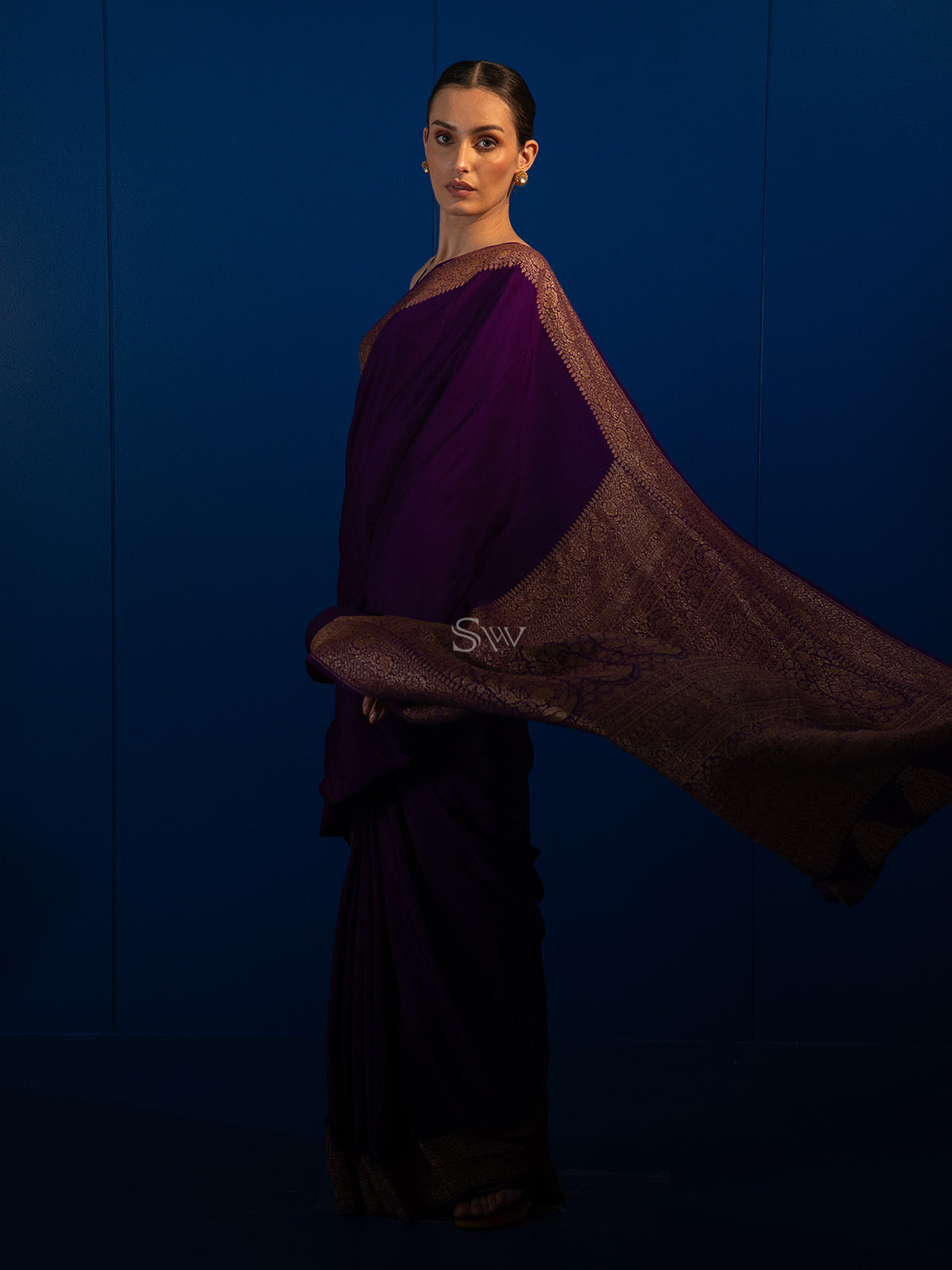 Purple Plain Crepe Silk Handloom Banarasi Saree - Sacred Weaves