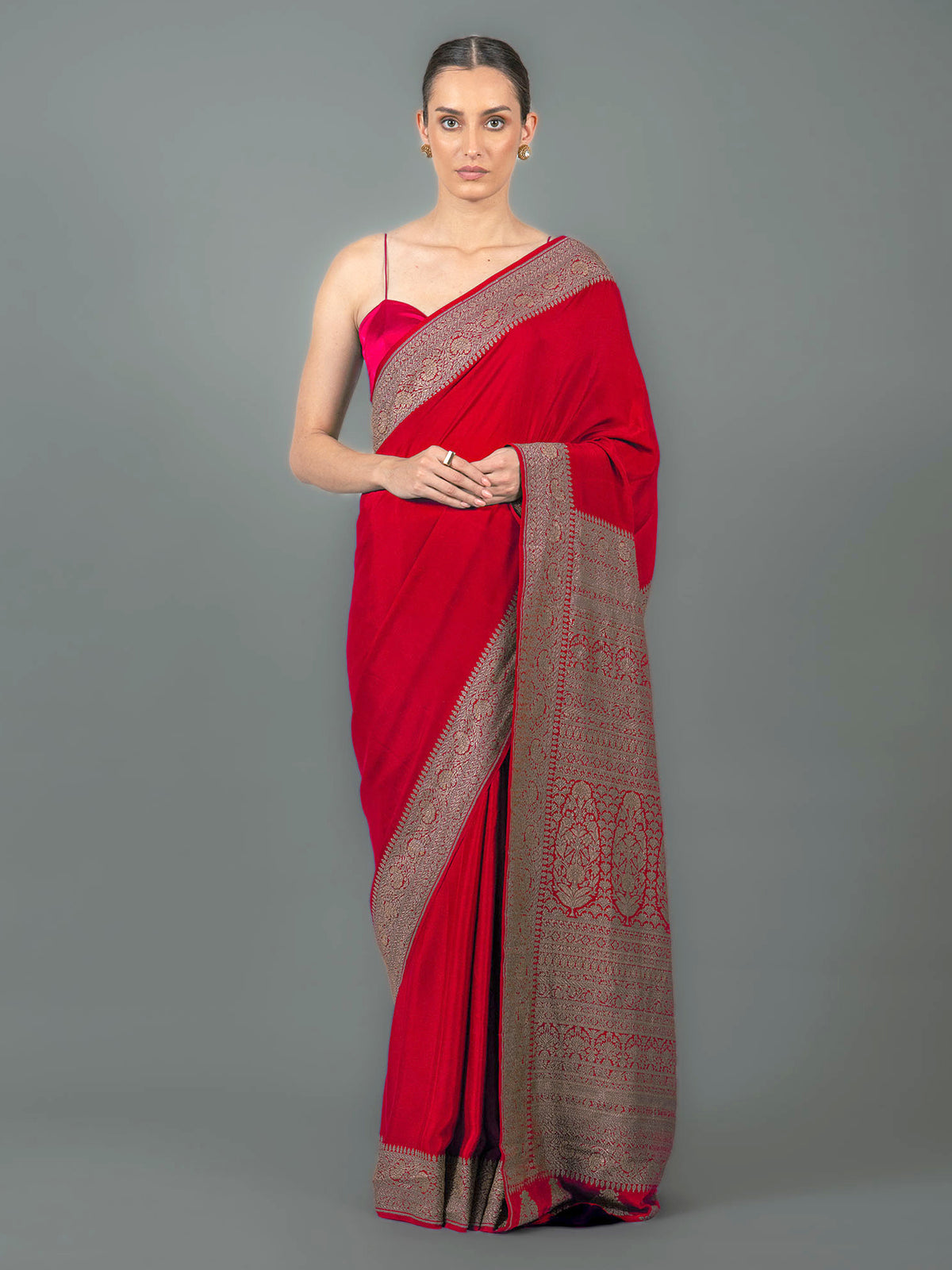 Red Plain Crepe Silk Handloom Banarasi Saree