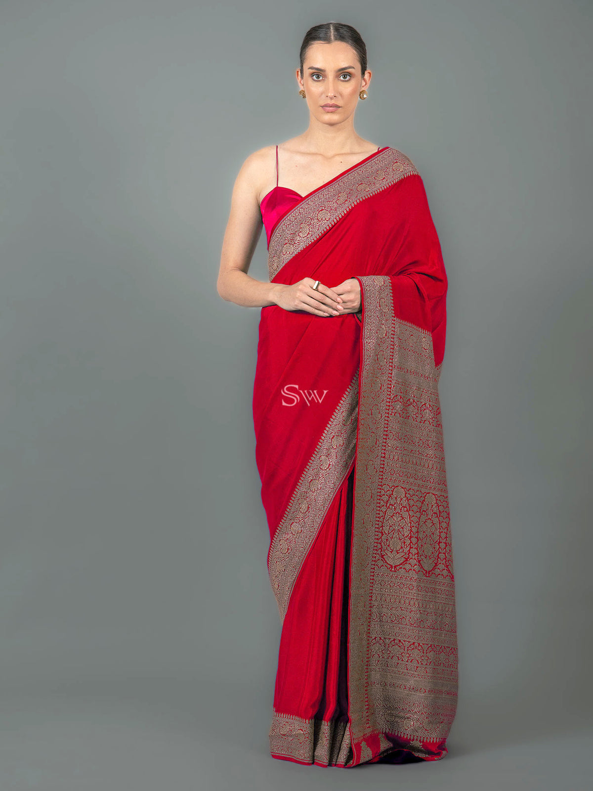 Red Plain Crepe Silk Handloom Banarasi Saree - Sacred Weaves