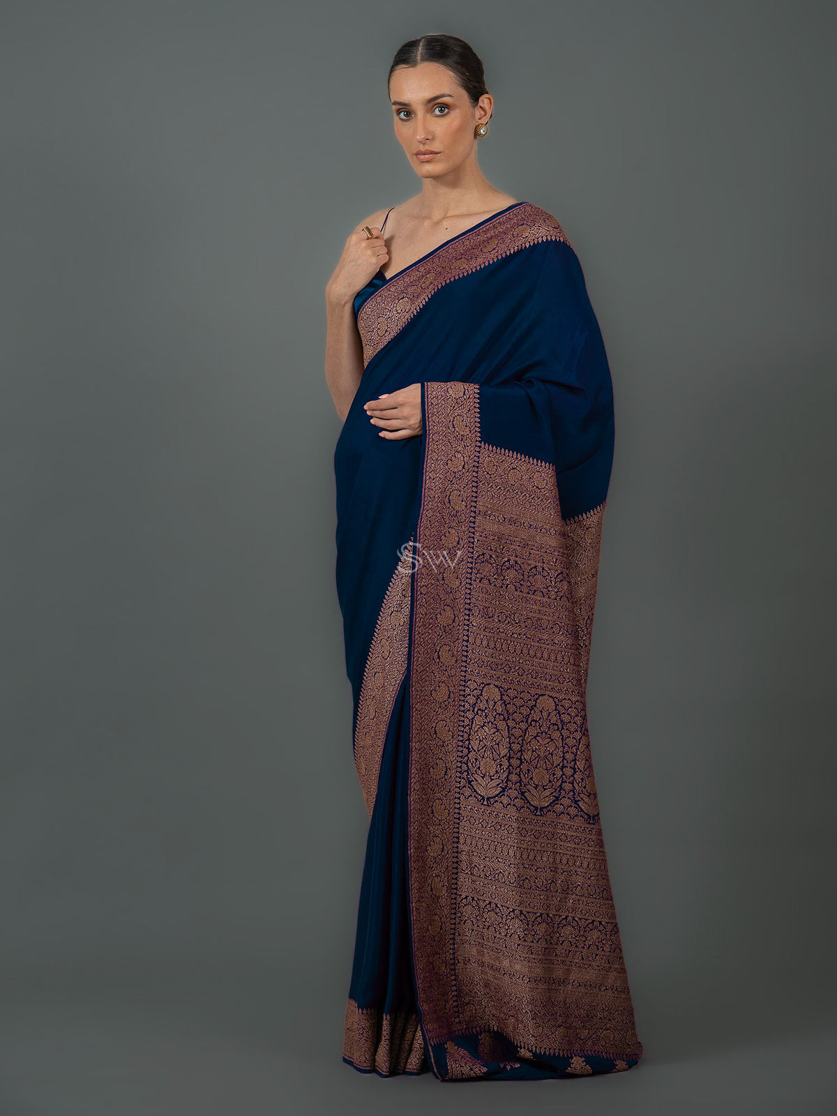 Midnight Blue Plain Crepe Silk Handloom Banarasi Saree - Sacred Weaves