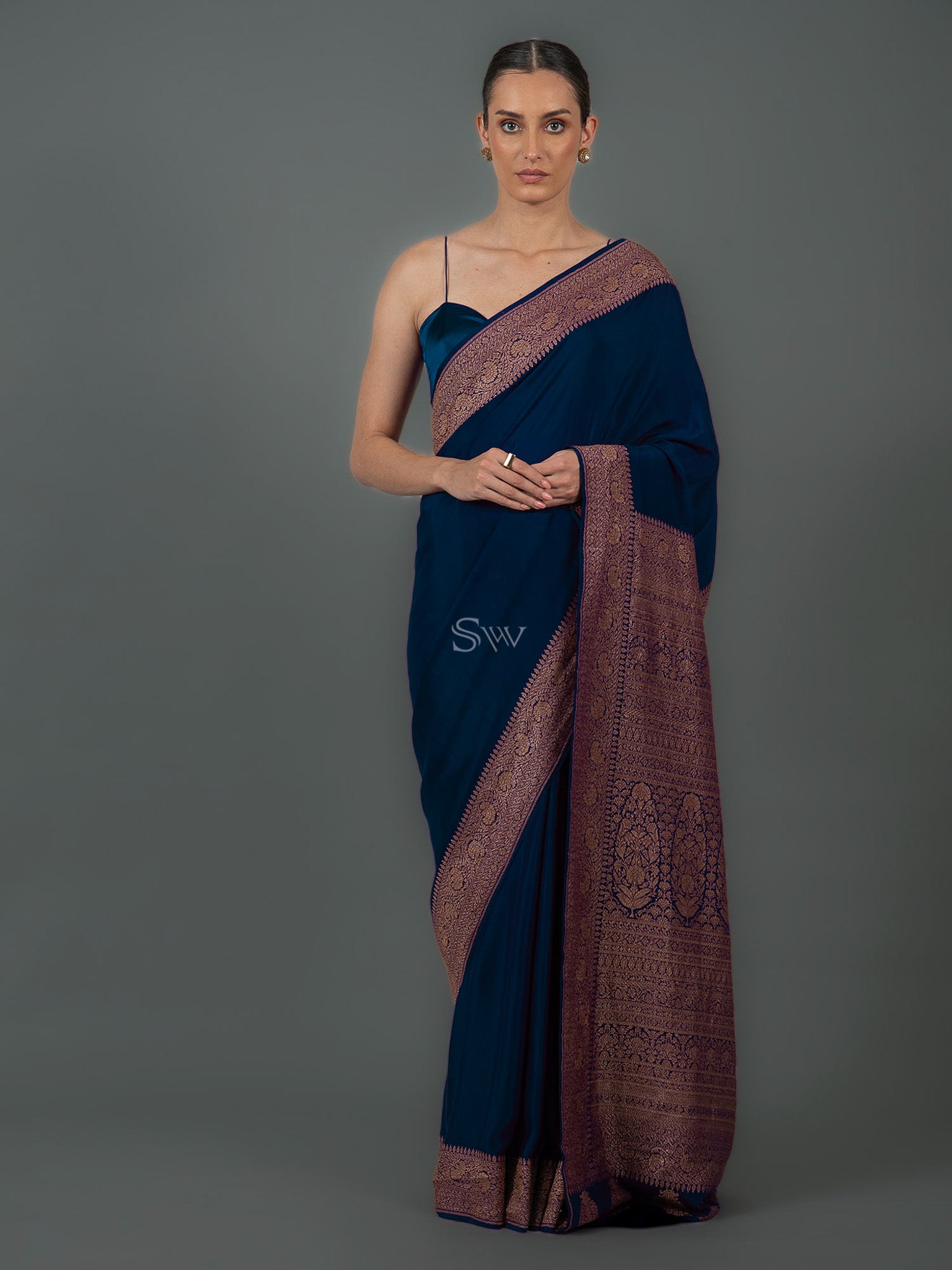 Midnight Blue Plain Crepe Silk Handloom Banarasi Saree - Sacred Weaves