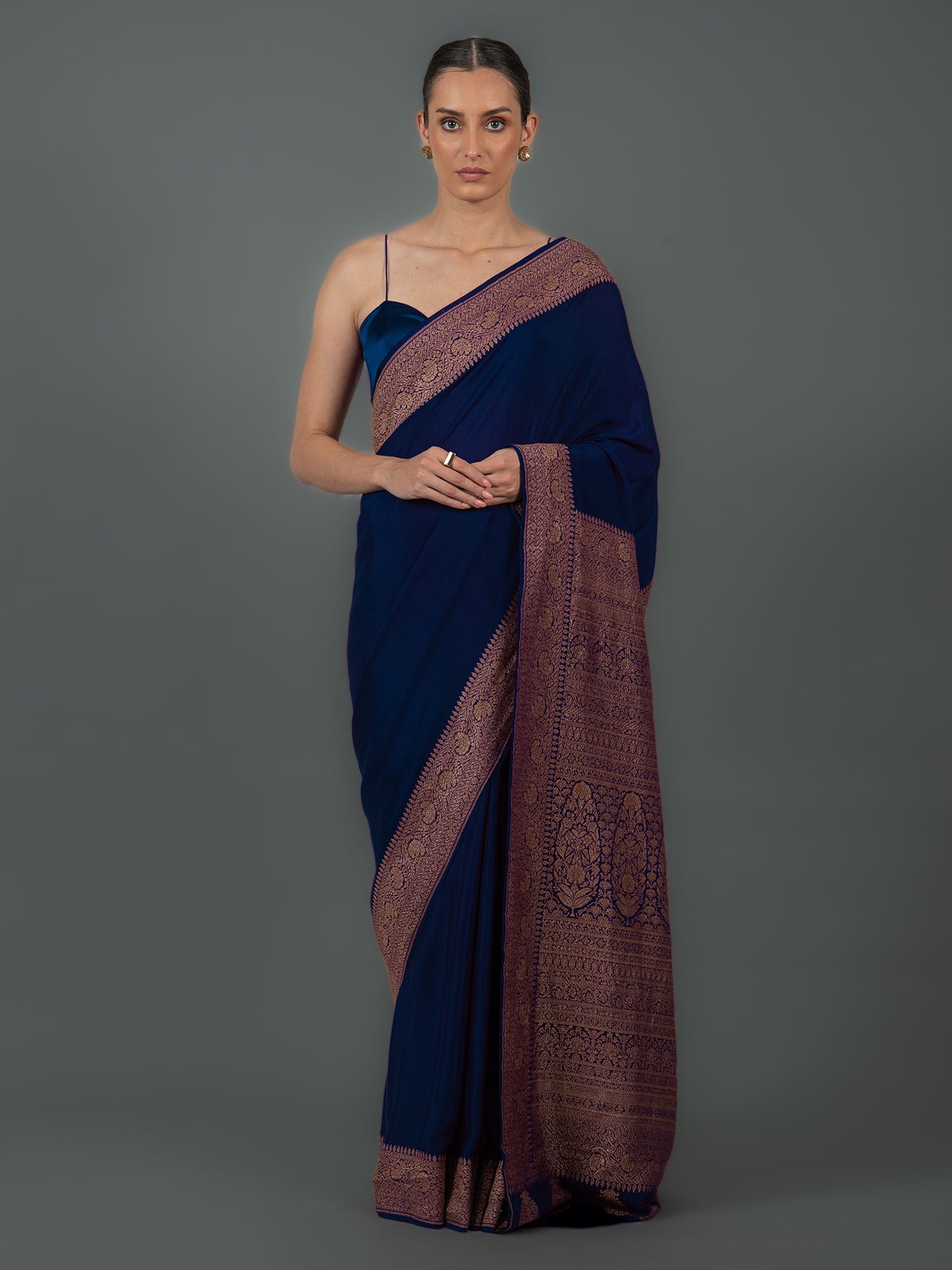 Midnight Blue Plain Crepe Silk Handloom Banarasi Saree - Sacred Weaves