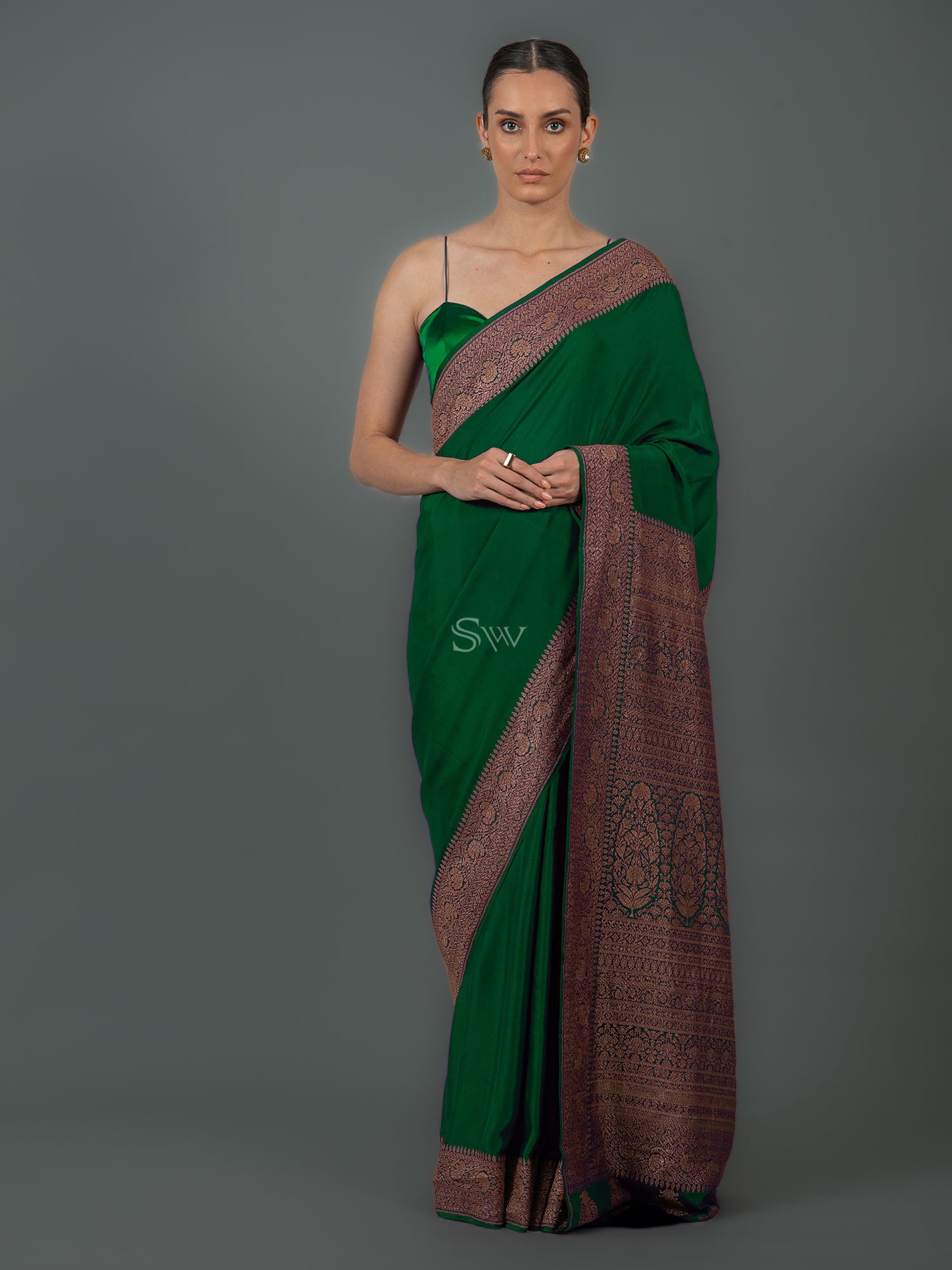 Bottle Green Plain Crepe Silk Handloom Banarasi Saree - Sacred Weaves