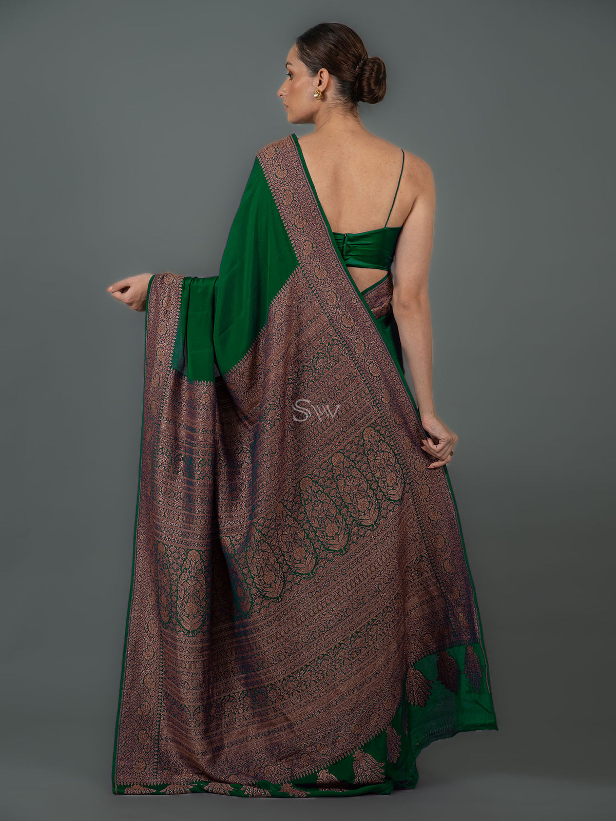 Bottle Green Plain Crepe Silk Handloom Banarasi Saree - Sacred Weaves