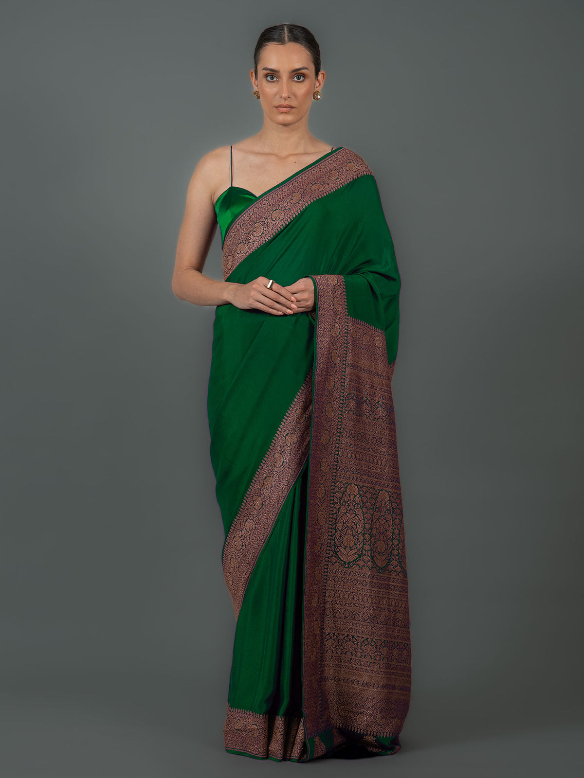 Bottle Green Plain Crepe Silk Handloom Banarasi Saree - Sacred Weaves