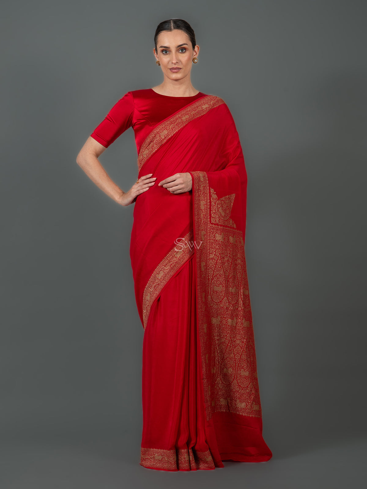 Red Plain Crepe Silk Handloom Banarasi Saree - Sacred Weaves