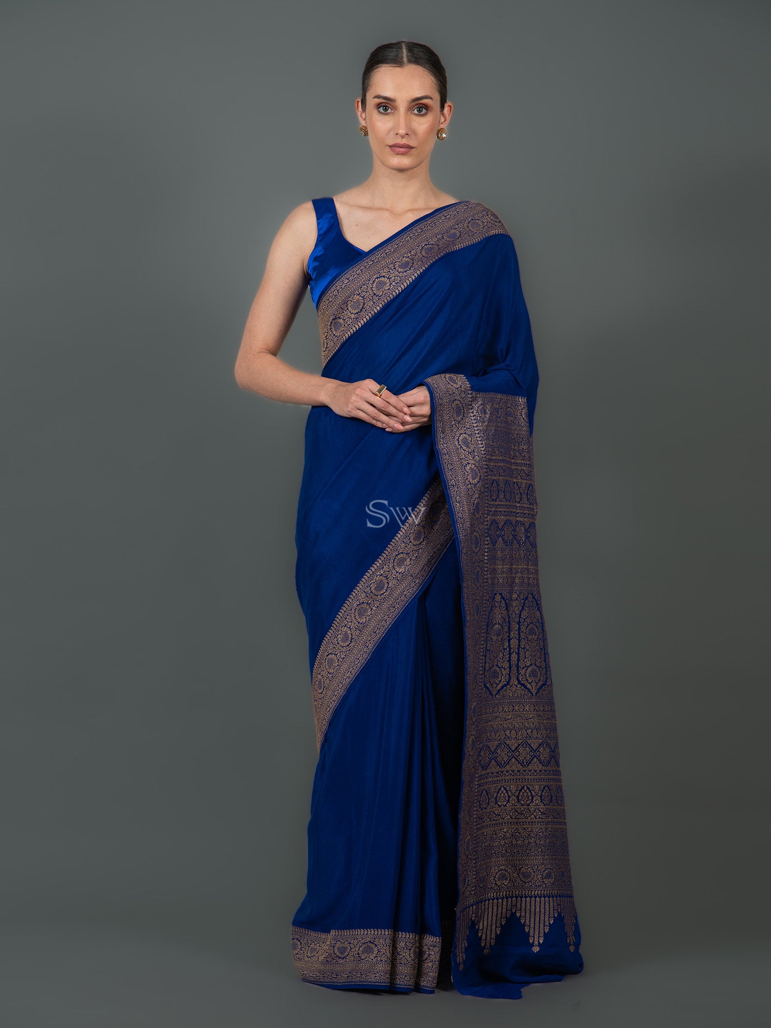 Dark Royal Blue Plain Crepe Silk Handloom Banarasi Saree - Sacred Weaves