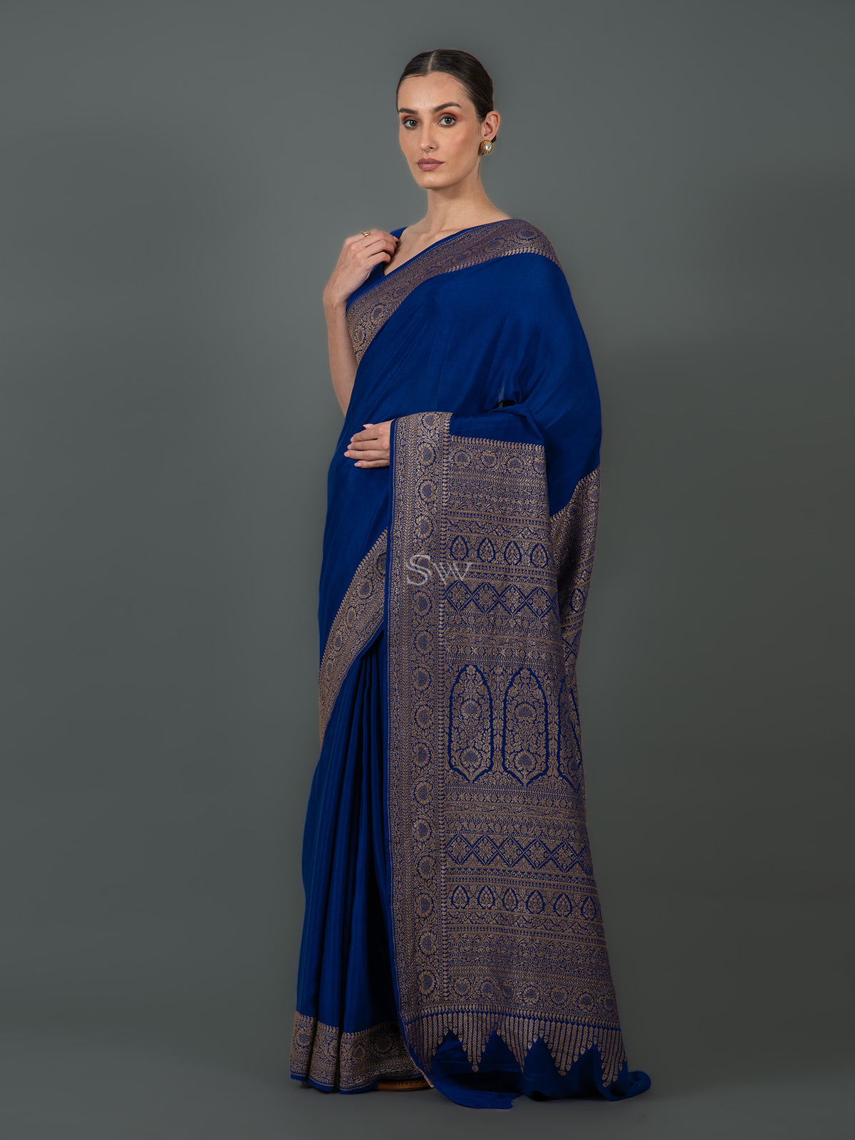 Dark Royal Blue Plain Crepe Silk Handloom Banarasi Saree - Sacred Weaves