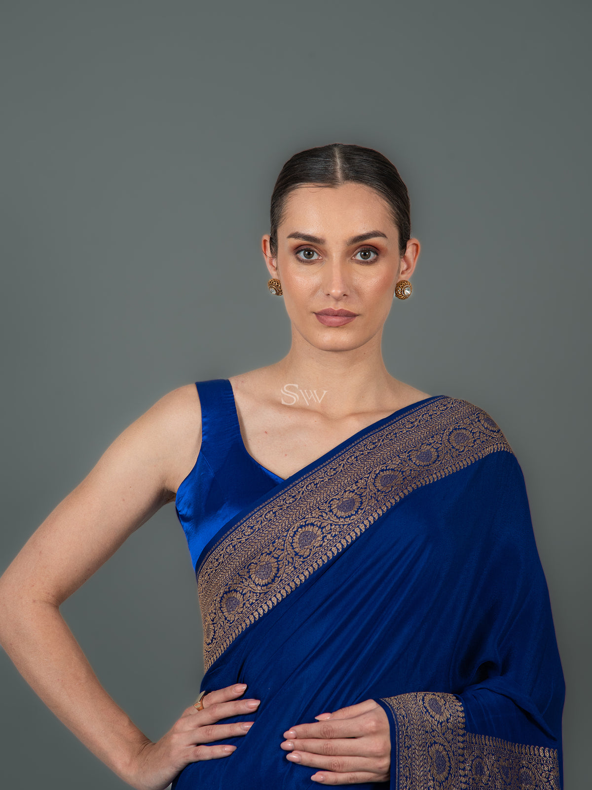 Dark Royal Blue Plain Crepe Silk Handloom Banarasi Saree - Sacred Weaves