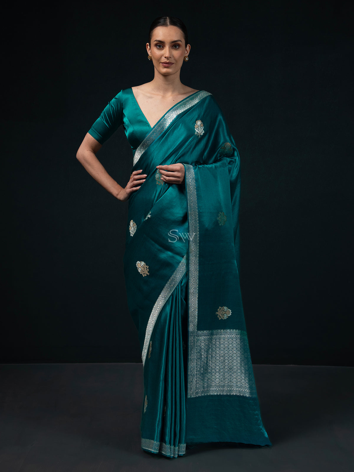 Teal Blue Boota Satin Silk Handloom Banarasi Saree - Sacred Weaves