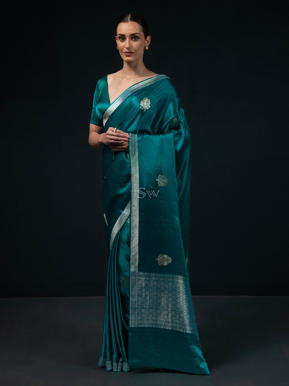 Teal Blue Boota Satin Silk Handloom Banarasi Saree - Sacred Weaves