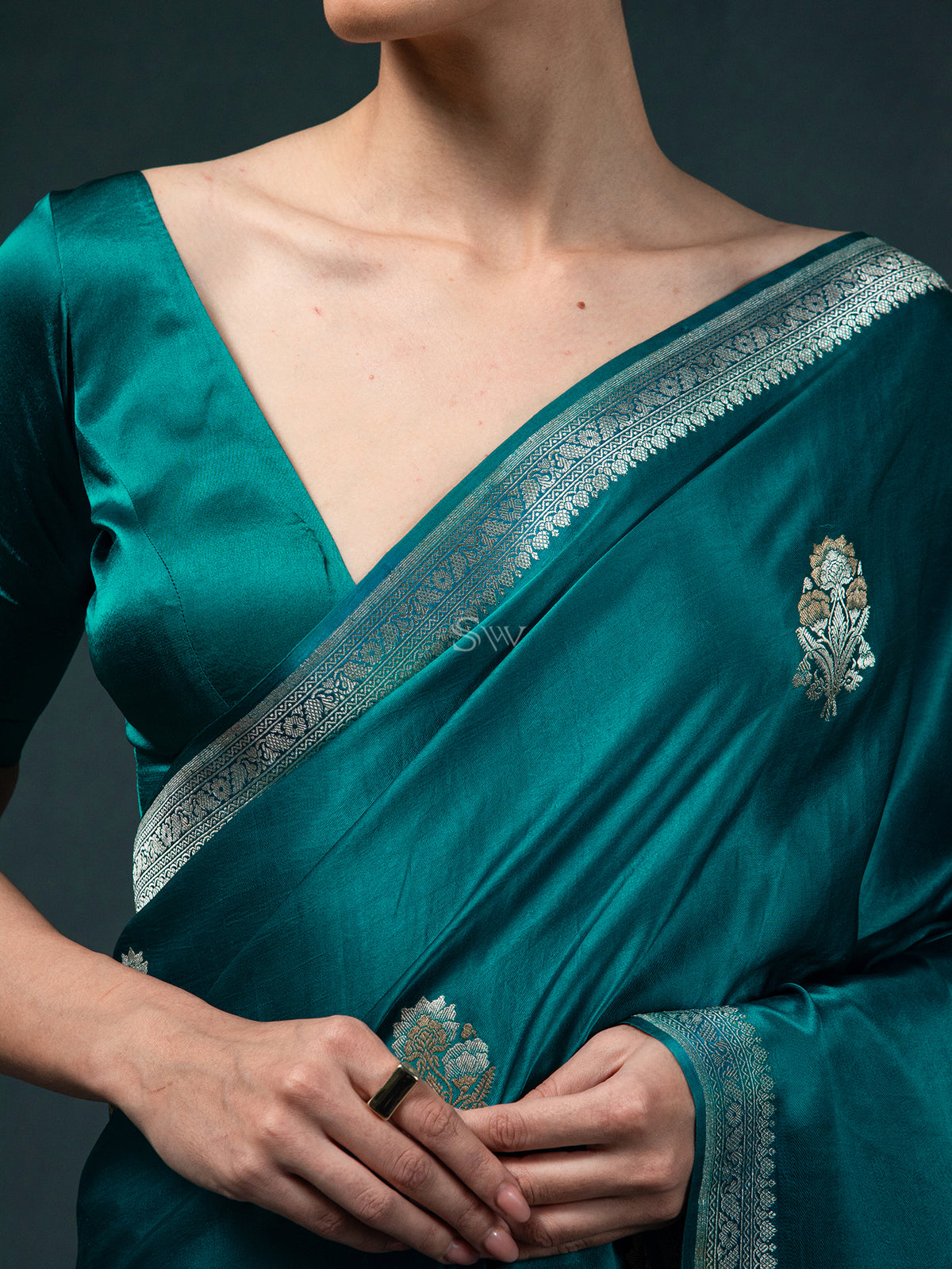 Teal Blue Boota Satin Silk Handloom Banarasi Saree - Sacred Weaves