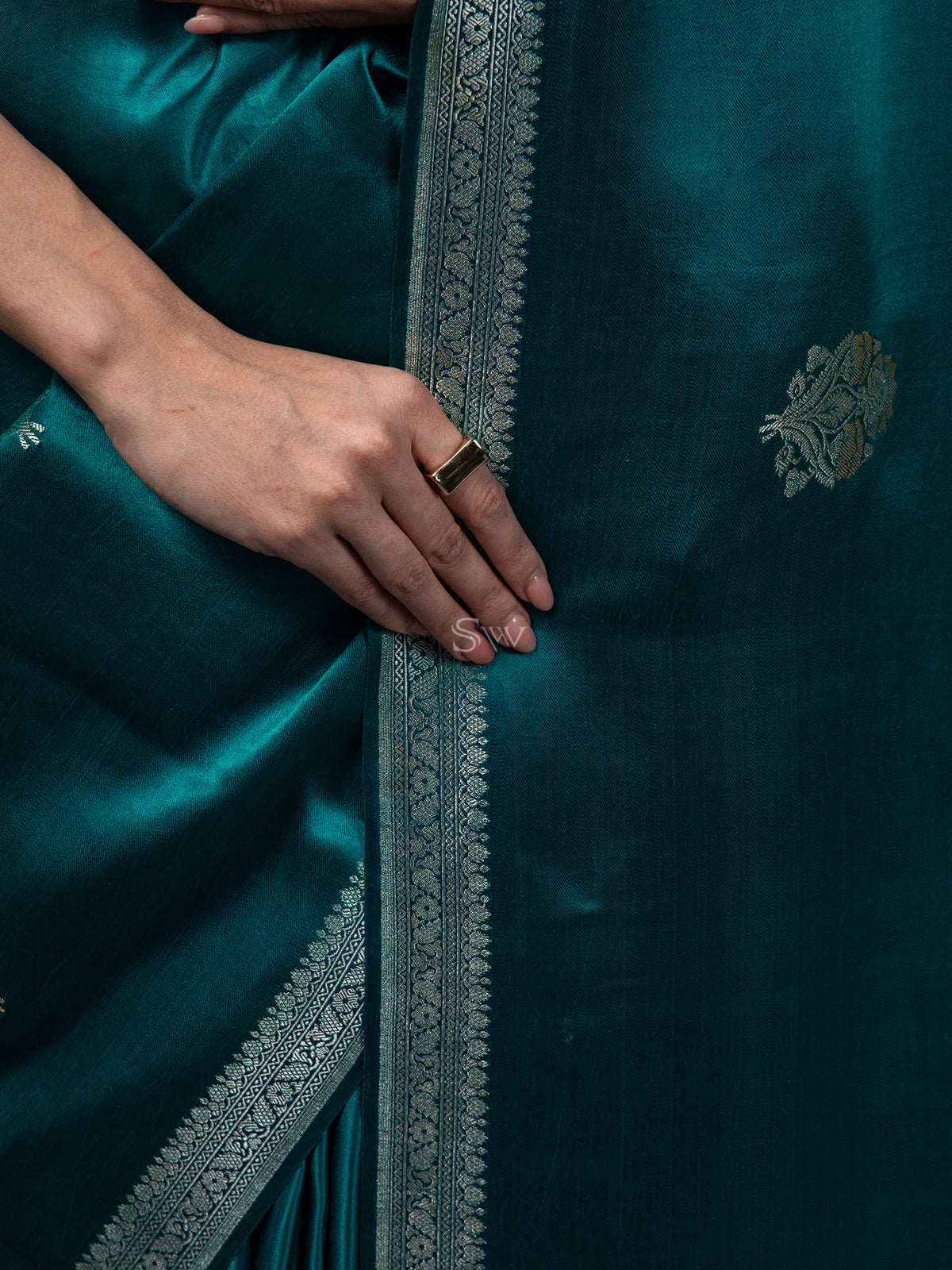 Teal Blue Boota Satin Silk Handloom Banarasi Saree - Sacred Weaves