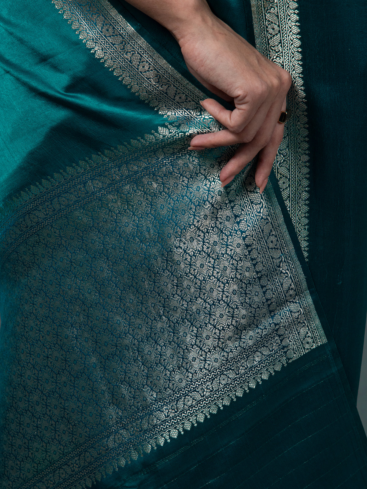 Teal Blue Boota Satin Silk Handloom Banarasi Saree - Sacred Weaves