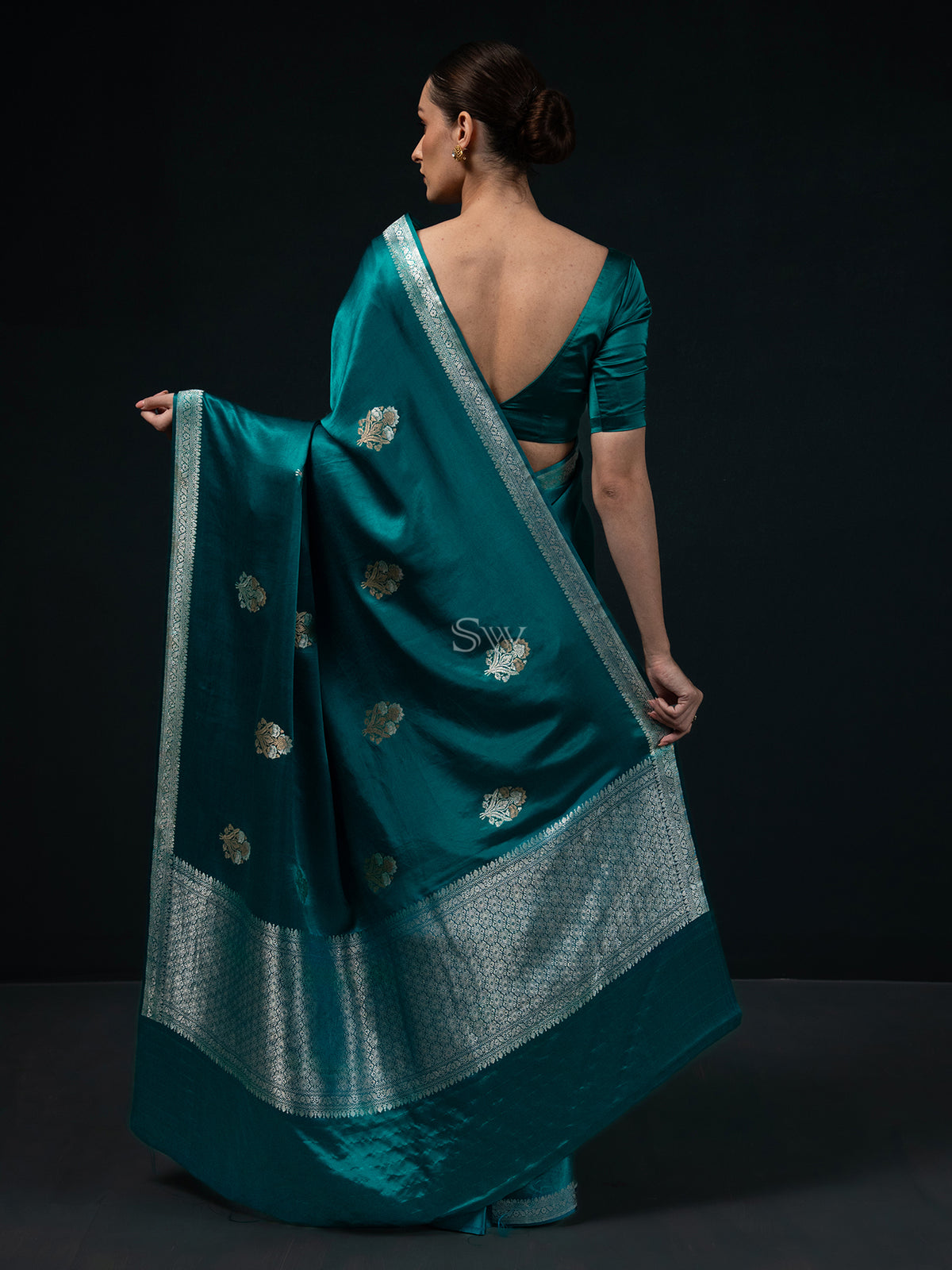 Teal Blue Boota Satin Silk Handloom Banarasi Saree - Sacred Weaves