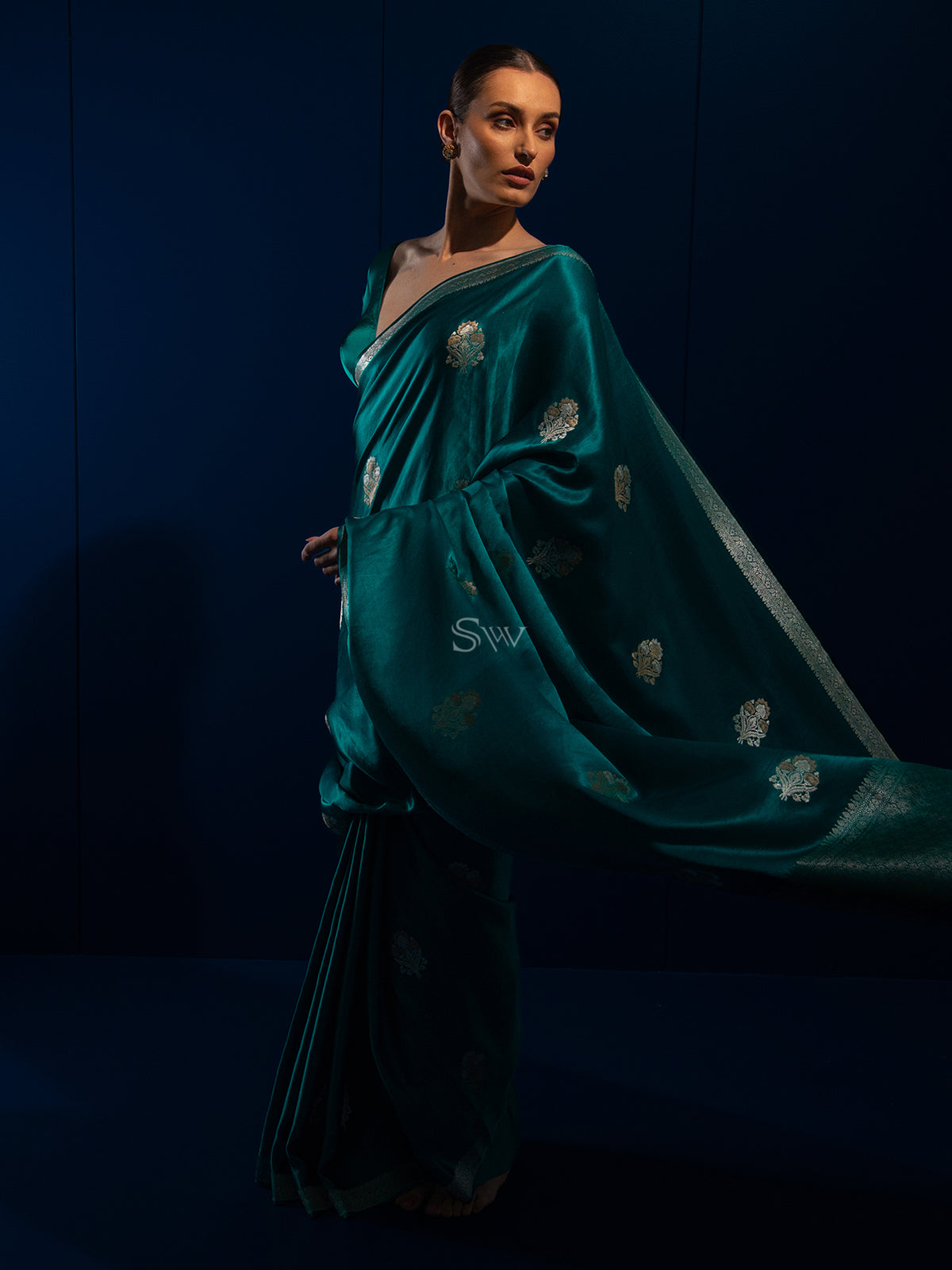 Teal Blue Boota Satin Silk Handloom Banarasi Saree - Sacred Weaves