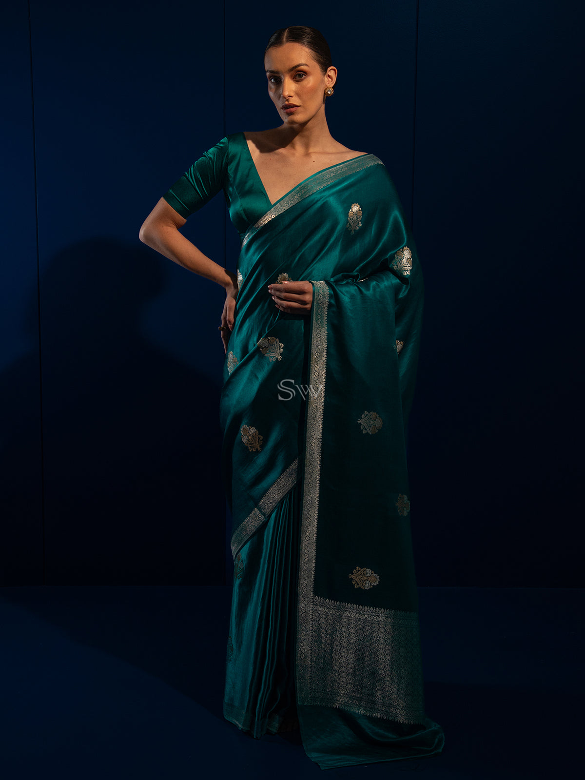 Teal Blue Boota Satin Silk Handloom Banarasi Saree - Sacred Weaves