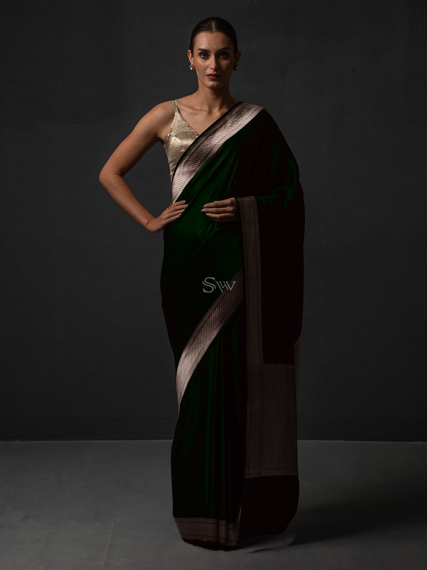 Dark Green Satin Tanchoi Handloom Banarasi Saree - Sacred Weaves