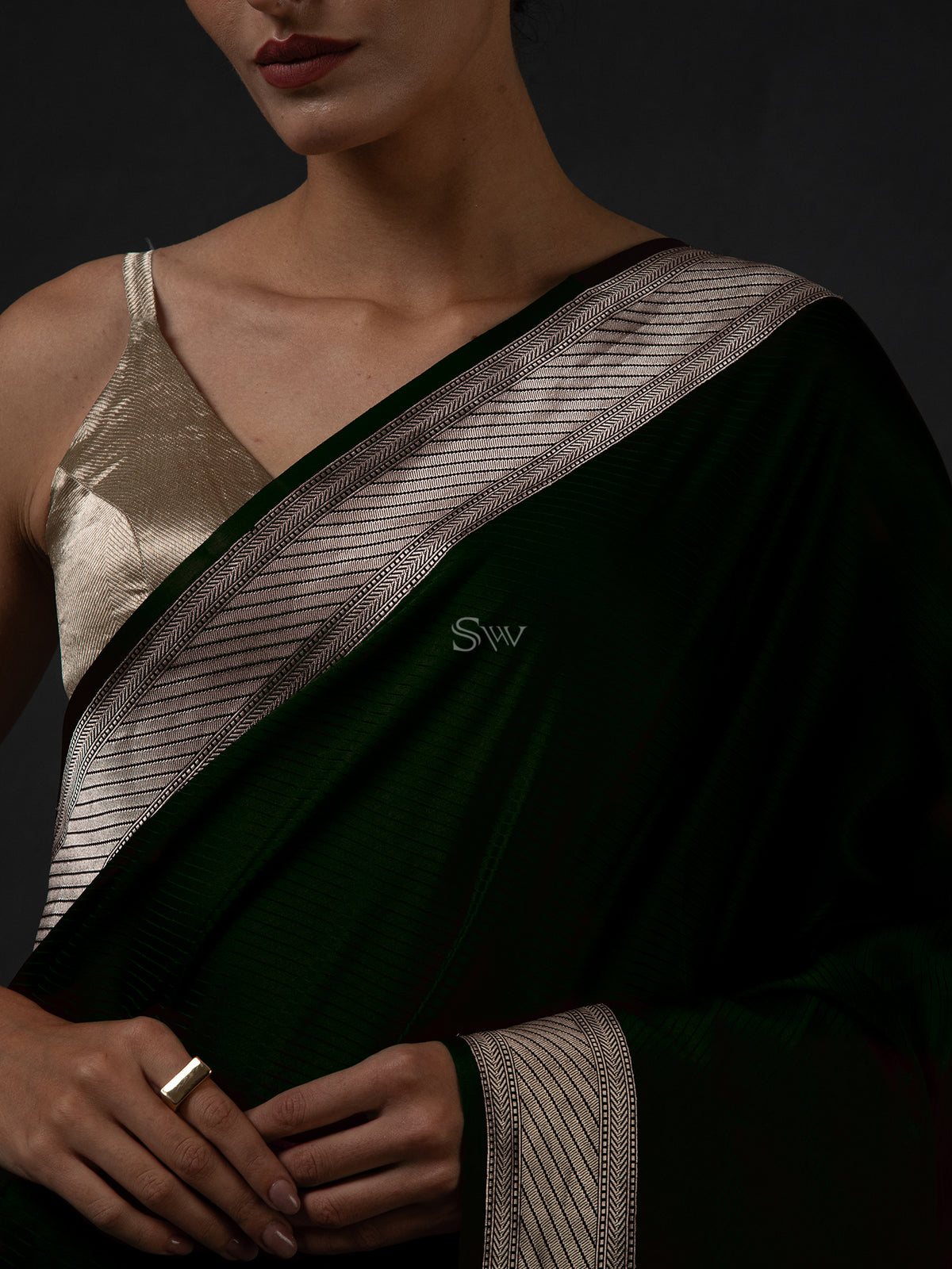 Dark Green Satin Tanchoi Handloom Banarasi Saree - Sacred Weaves