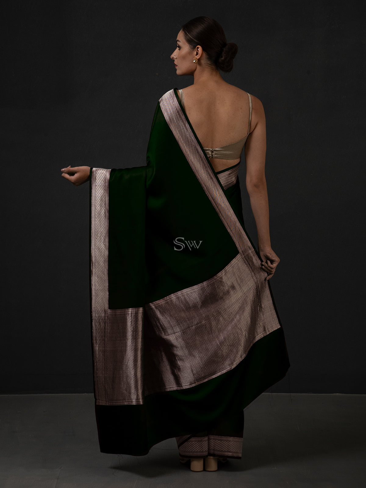 Dark Green Satin Tanchoi Handloom Banarasi Saree - Sacred Weaves