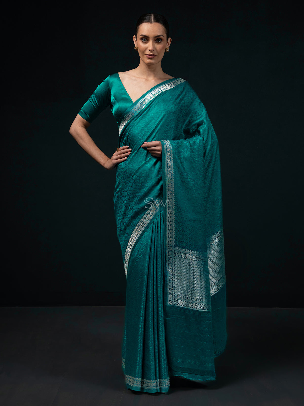 Teal Blue Satin Tanchoi Handloom Banarasi Saree - Sacred Weaves