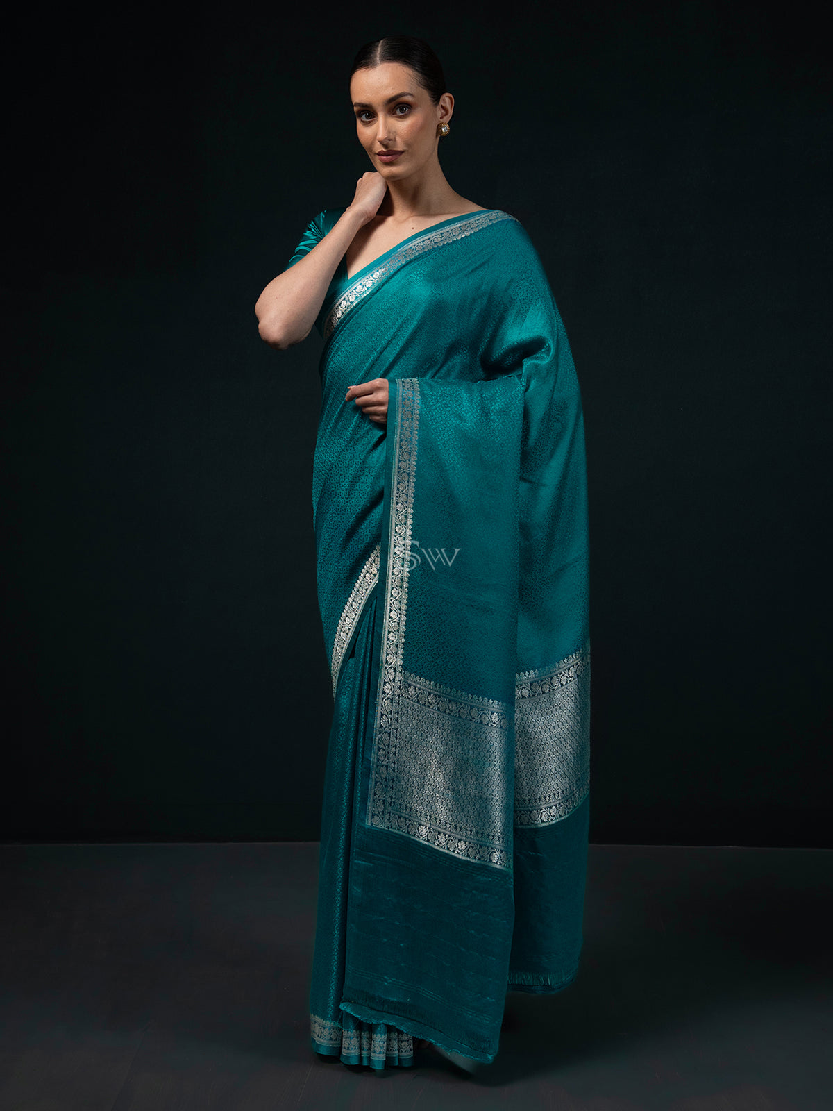 Teal Blue Satin Tanchoi Handloom Banarasi Saree - Sacred Weaves