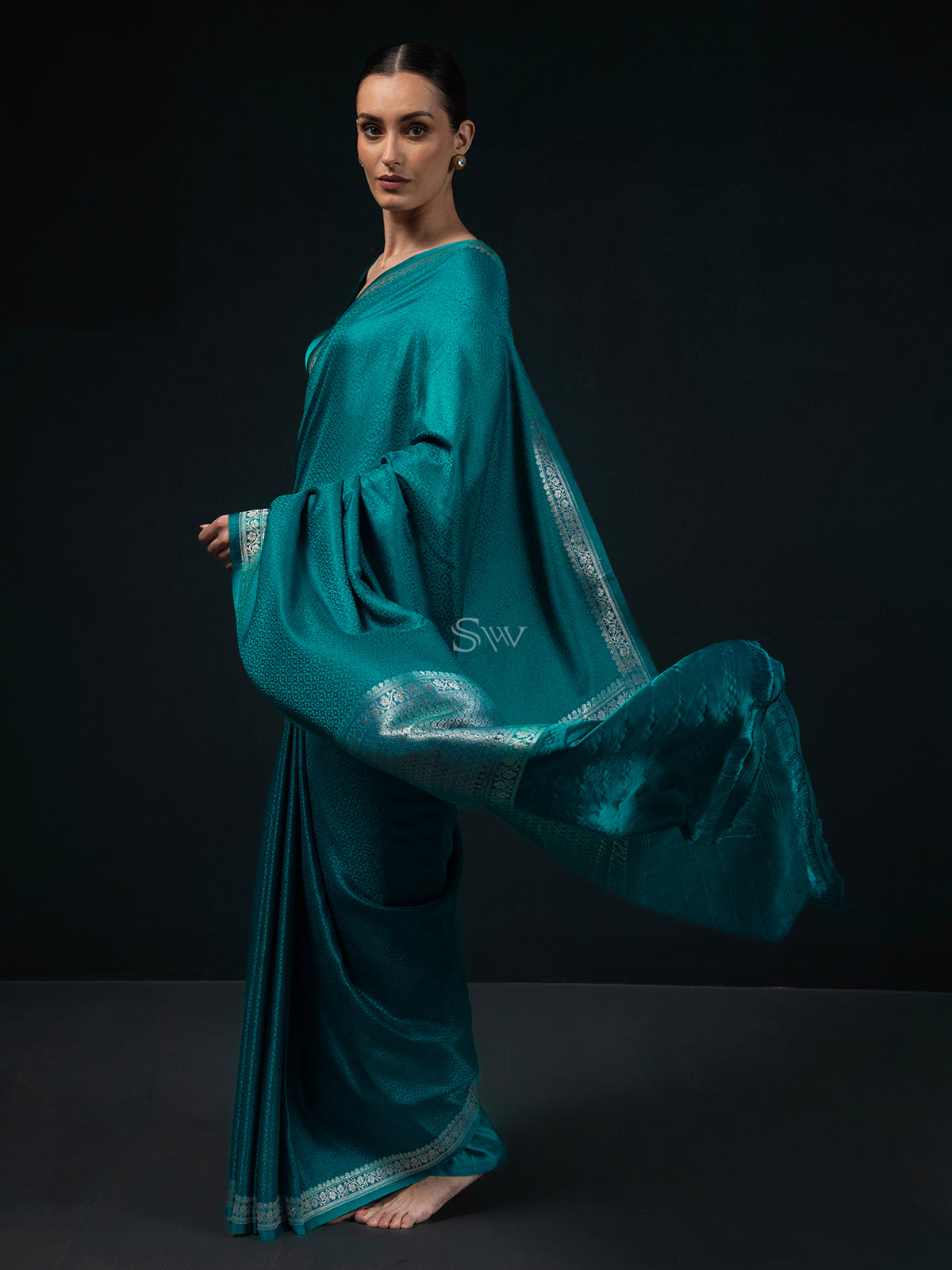 Teal Blue Satin Tanchoi Handloom Banarasi Saree - Sacred Weaves