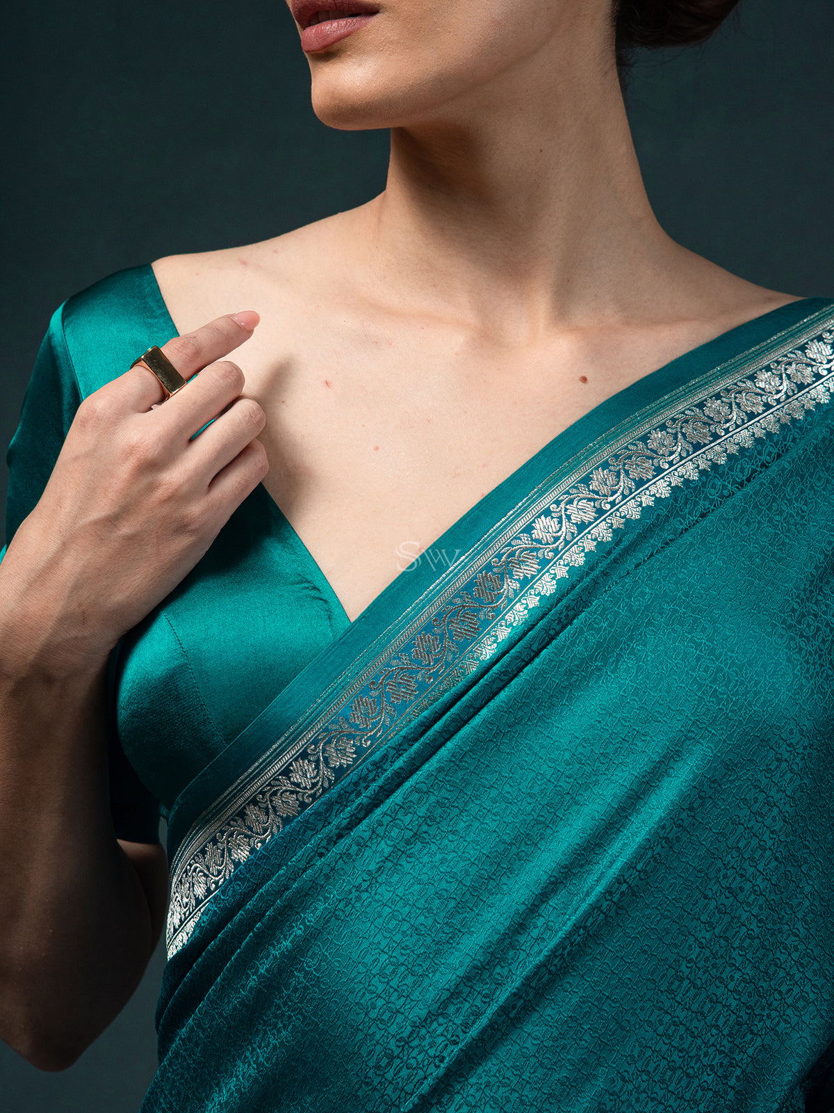 Teal Blue Satin Tanchoi Handloom Banarasi Saree - Sacred Weaves