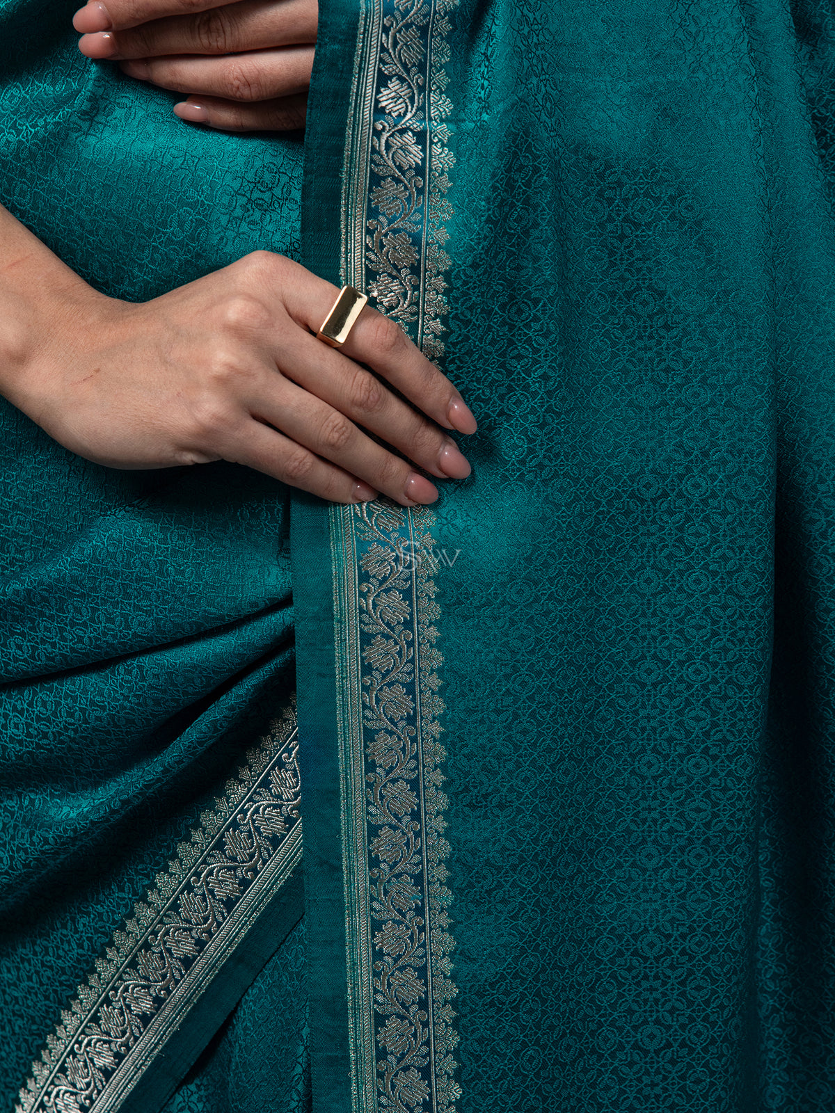 Teal Blue Satin Tanchoi Handloom Banarasi Saree - Sacred Weaves