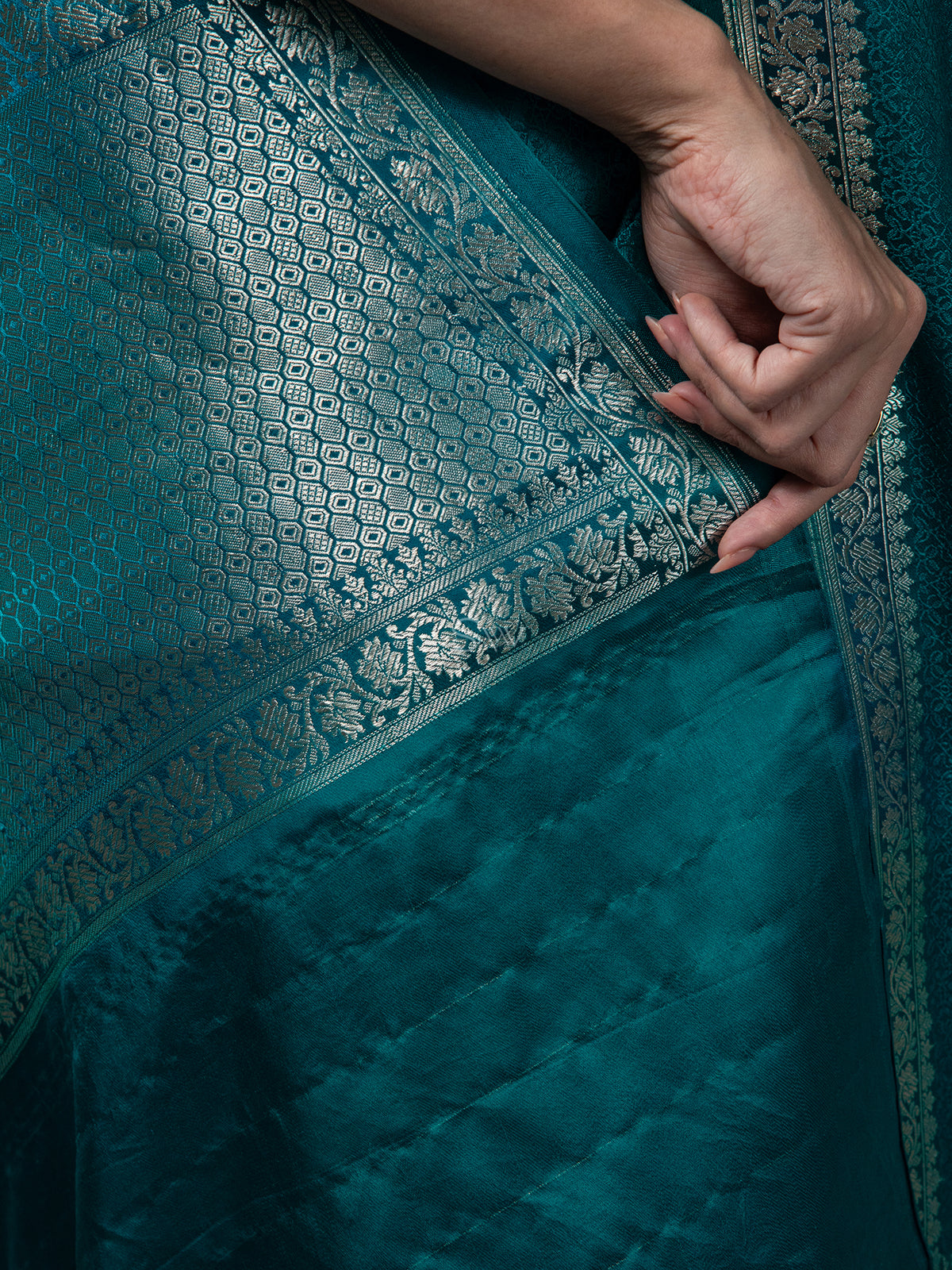 Teal Blue Satin Tanchoi Handloom Banarasi Saree - Sacred Weaves