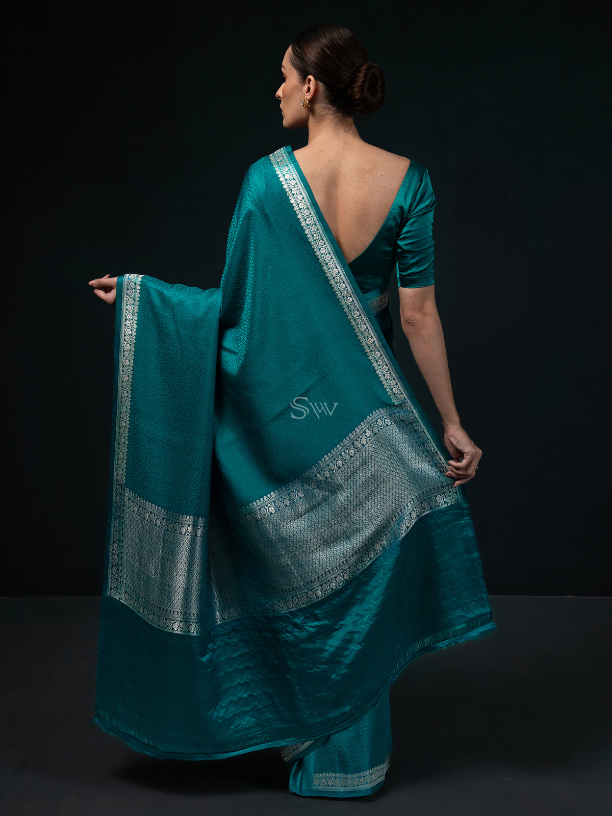 Teal Blue Satin Tanchoi Handloom Banarasi Saree - Sacred Weaves