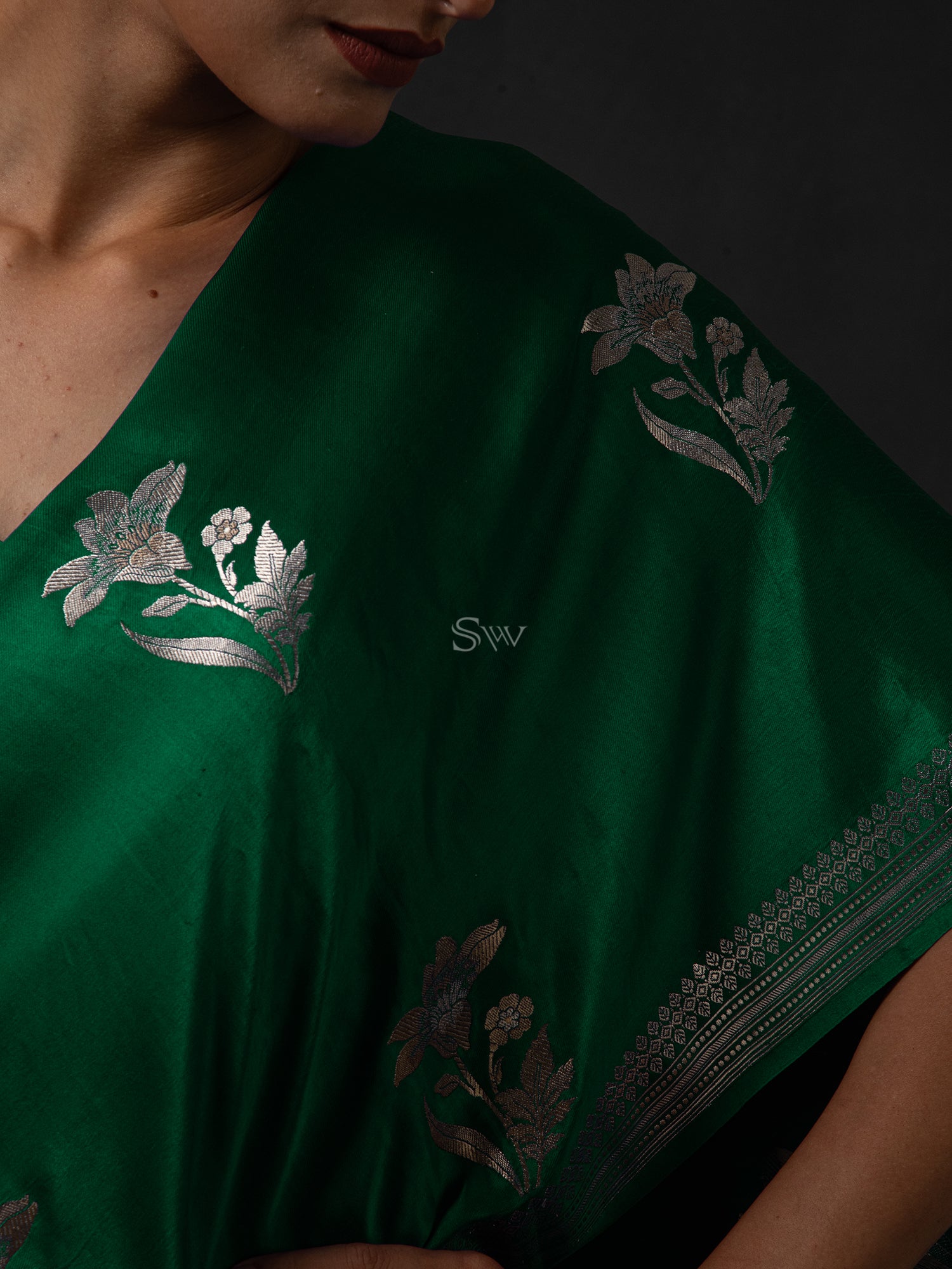 Bottle Green Boota Satin Silk Handloom Banarasi Saree - Sacred Weaves