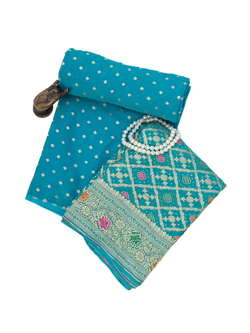 Turquoise Blue Bandhani Khaddi Georgette Handloom Banarasi Suit