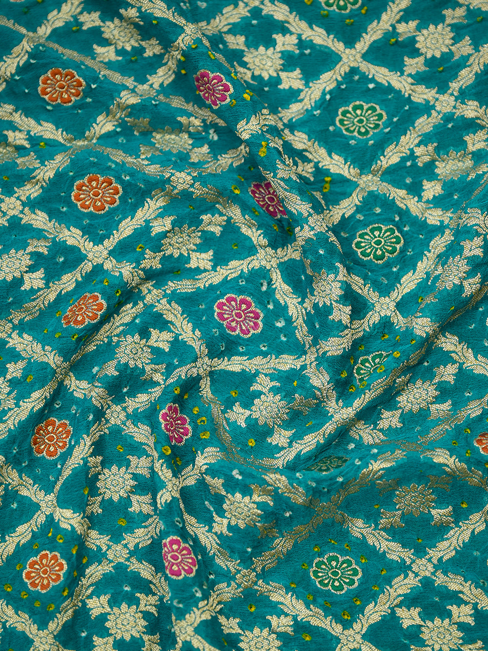 Turquoise Blue Bandhani Khaddi Georgette Handloom Banarasi Suit