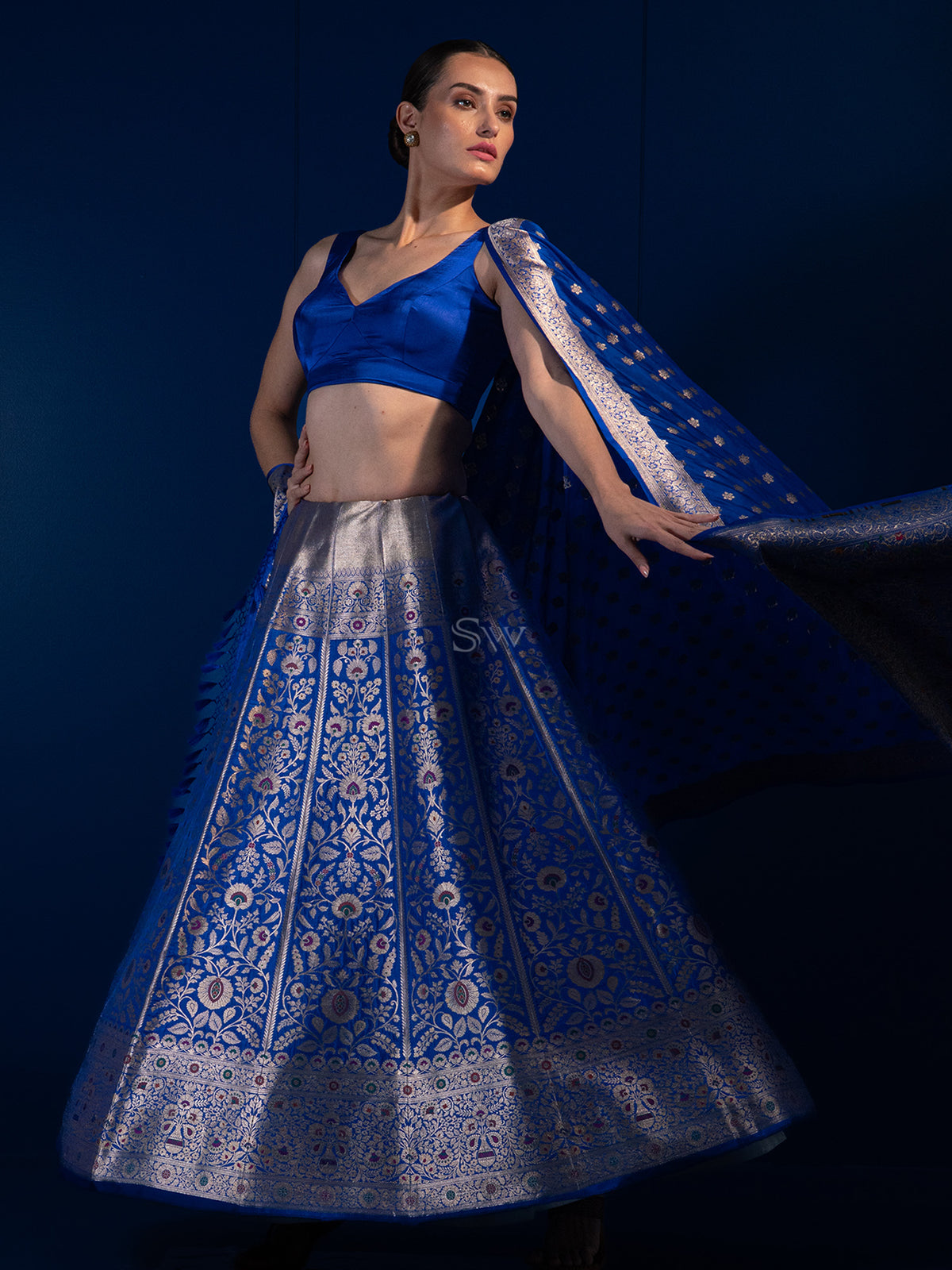 Royal Blue Meenakari Silk Handloom Banarasi Lehenga - Sacred Weaves