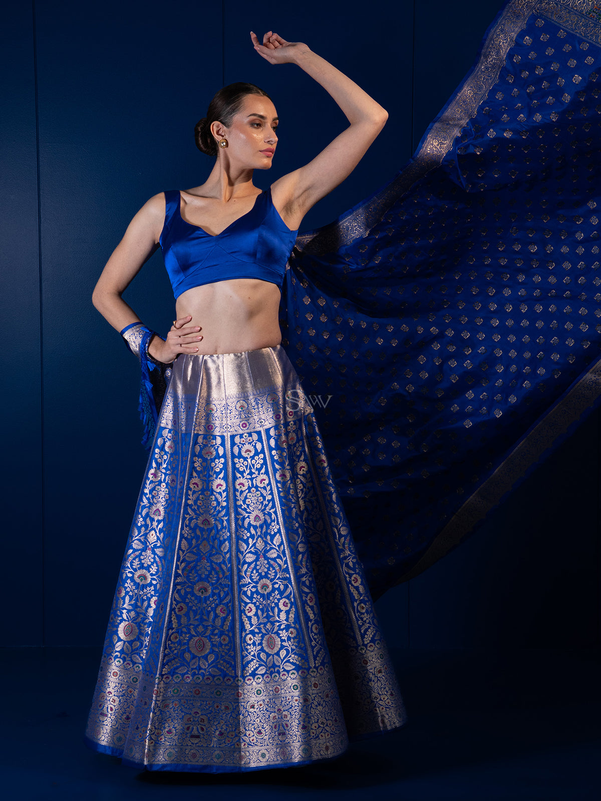 Royal Blue Meenakari Silk Handloom Banarasi Lehenga - Sacred Weaves