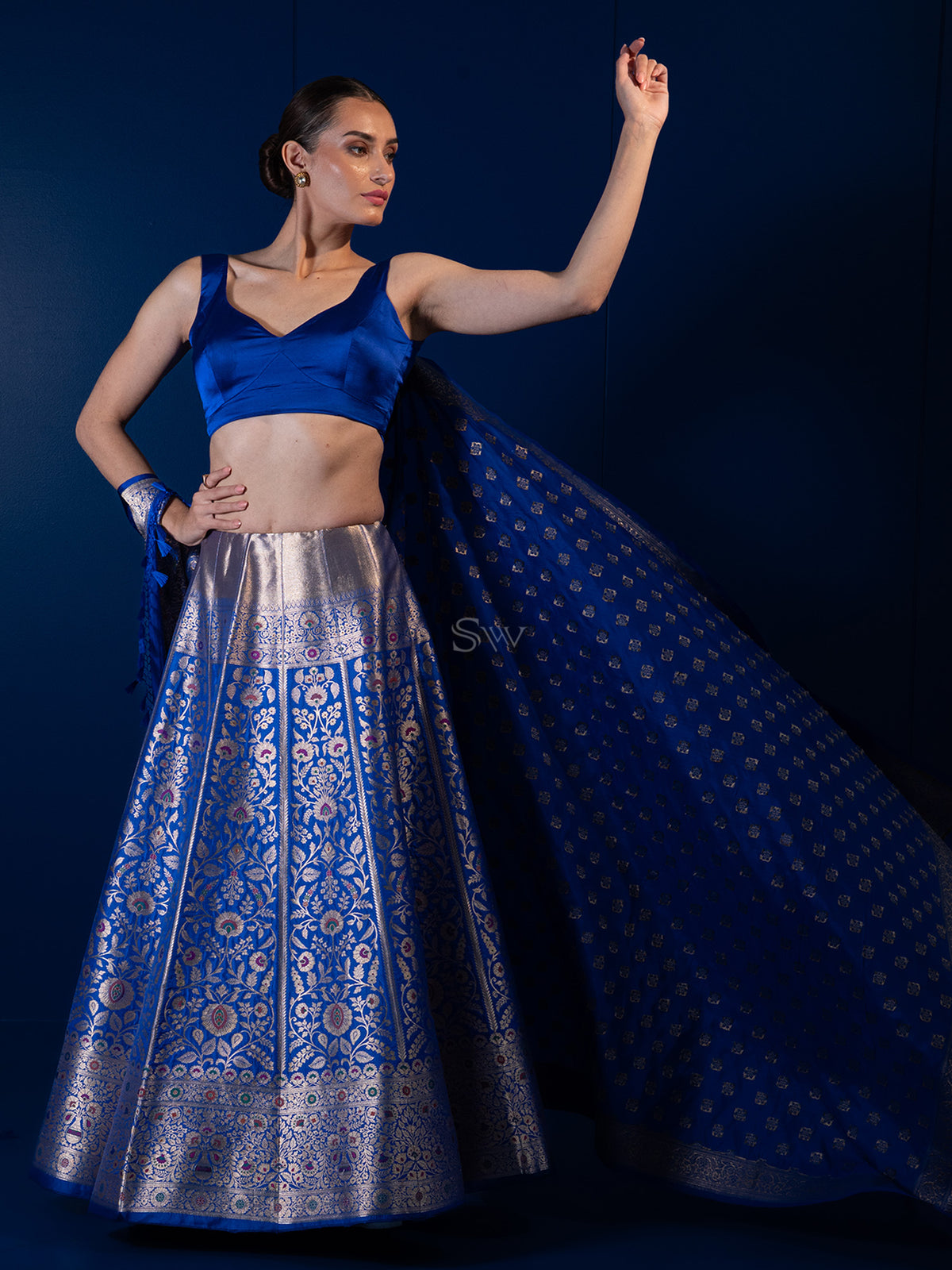 Royal Blue Meenakari Silk Handloom Banarasi Lehenga - Sacred Weaves