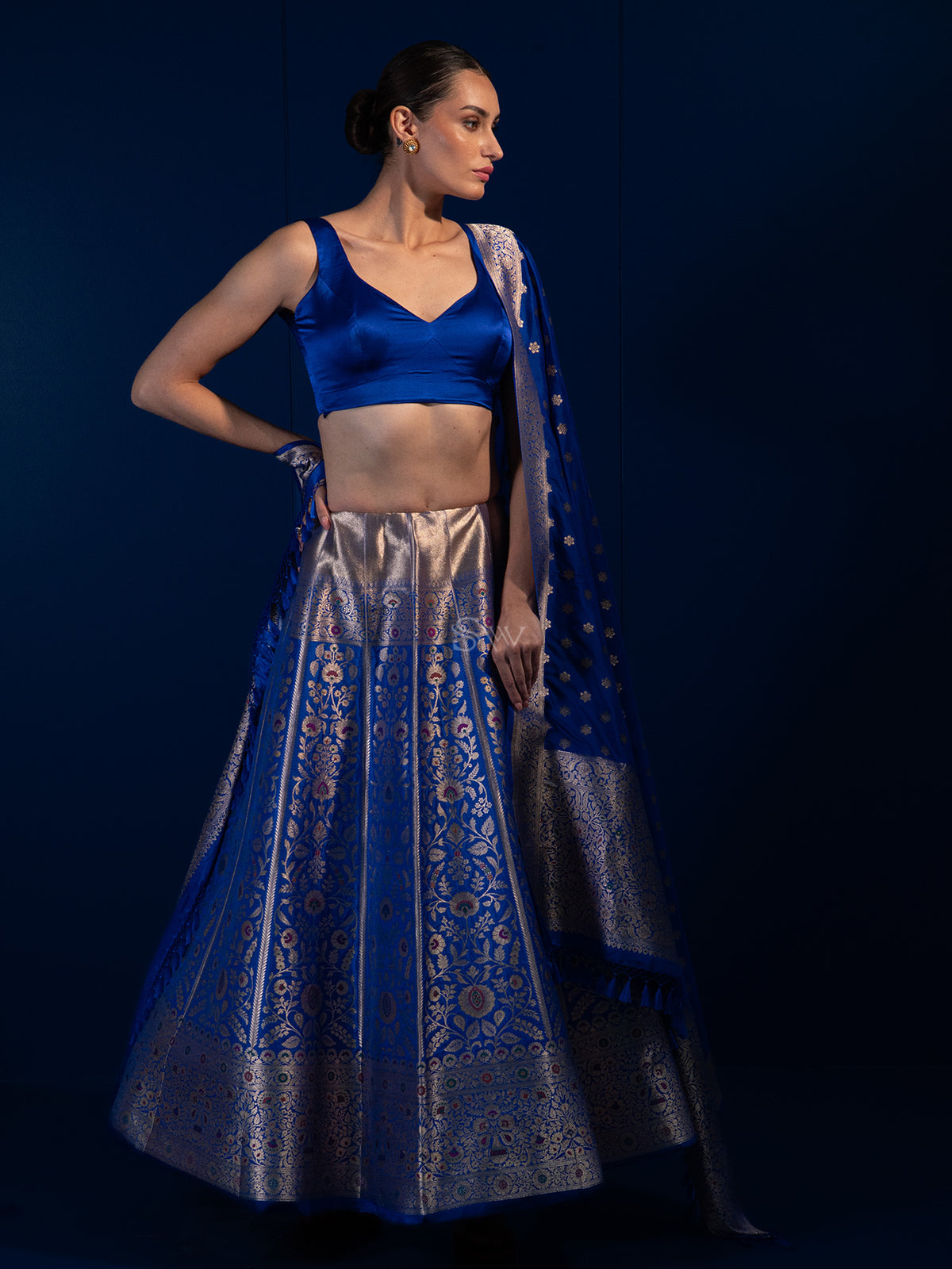 Royal Blue Meenakari Silk Handloom Banarasi Lehenga - Sacred Weaves