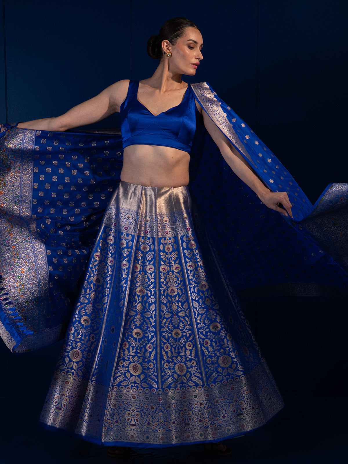 Royal Blue Meenakari Silk Handloom Banarasi Lehenga - Sacred Weaves