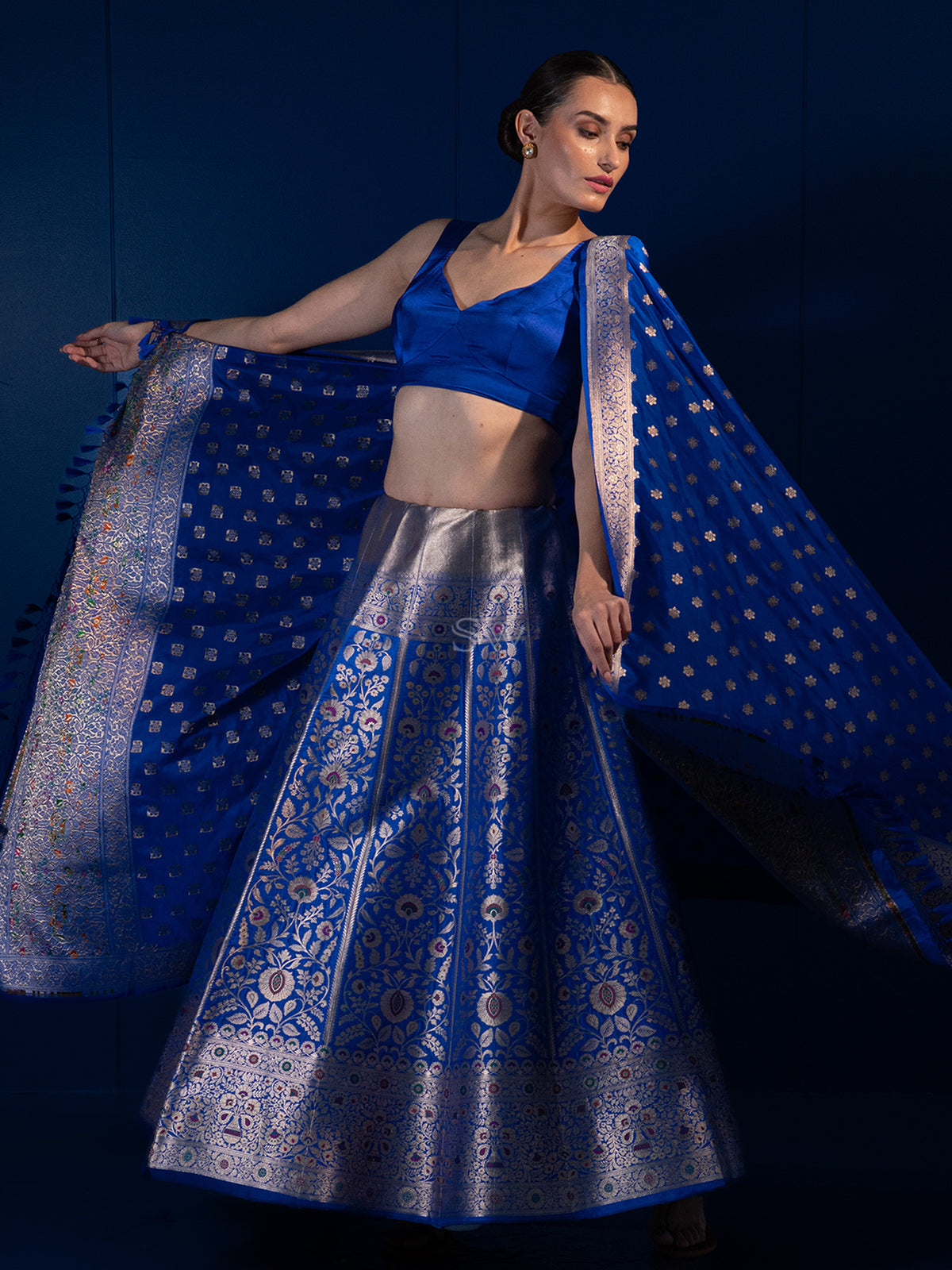 Royal Blue Meenakari Silk Handloom Banarasi Lehenga - Sacred Weaves