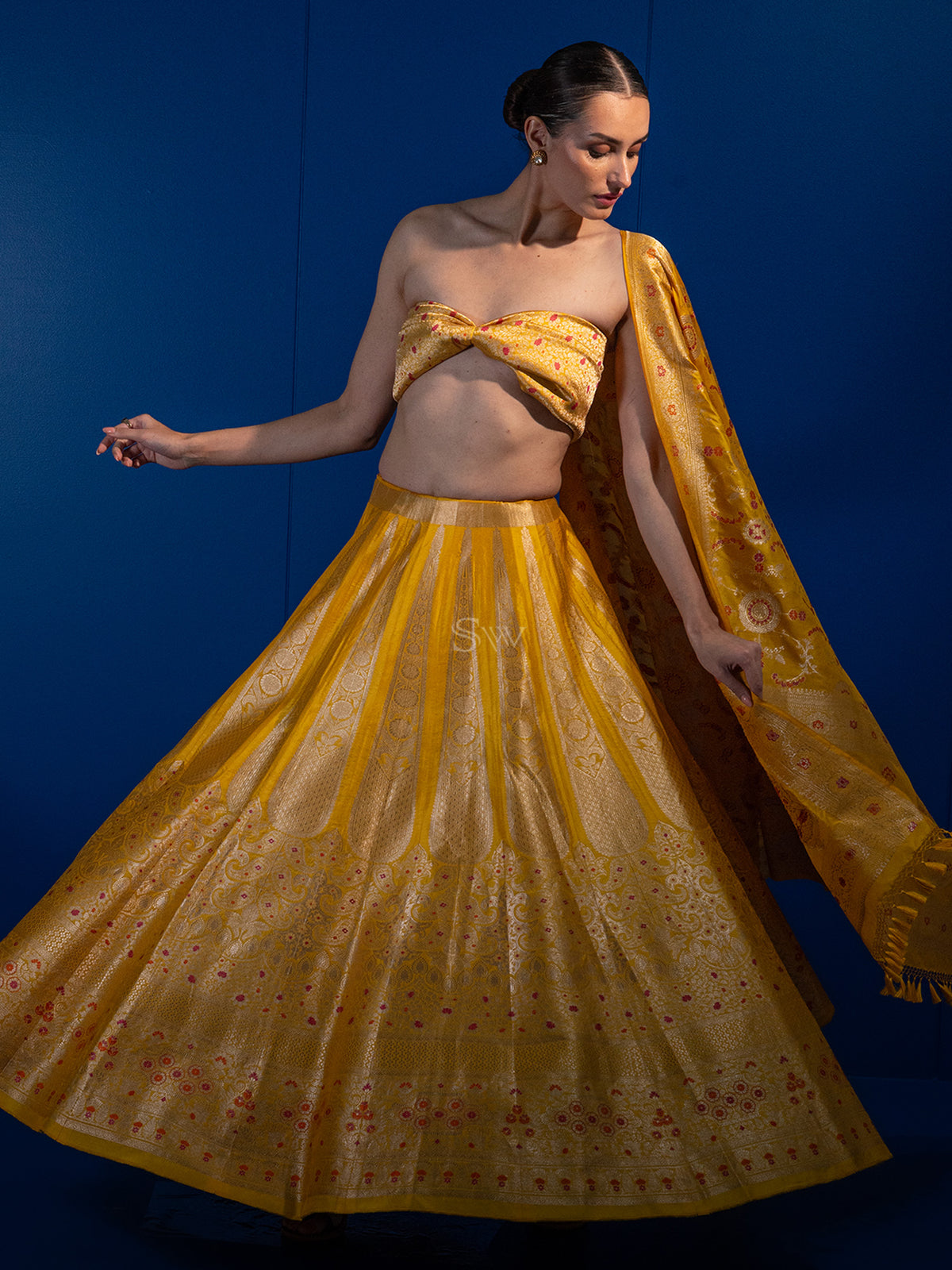 Mustard Meenakari Silk Handloom Banarasi Lehenga - Sacred Weaves