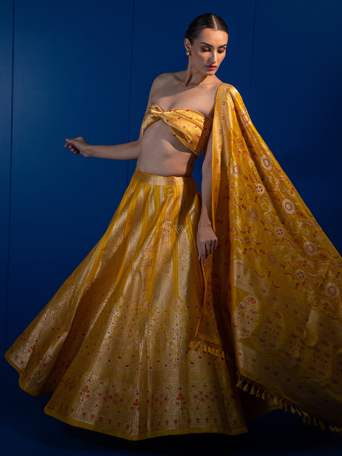 Mustard Meenakari Silk Handloom Banarasi Lehenga - Sacred Weaves