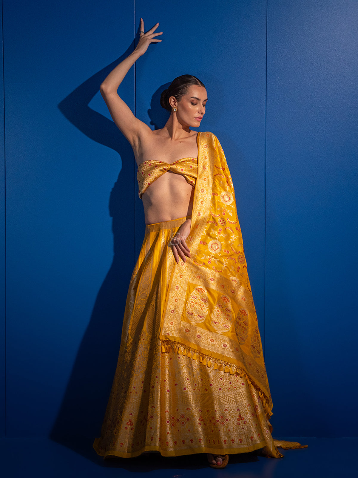 Mustard Meenakari Silk Handloom Banarasi Lehenga - Sacred Weaves