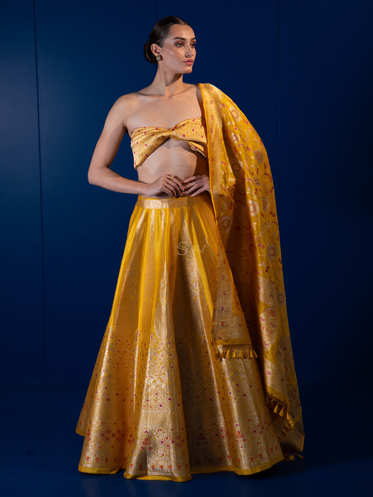 Mustard Meenakari Silk Handloom Banarasi Lehenga - Sacred Weaves