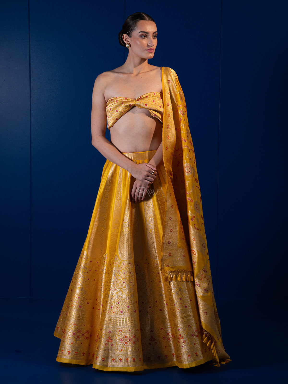 Mustard Meenakari Silk Handloom Banarasi Lehenga - Sacred Weaves