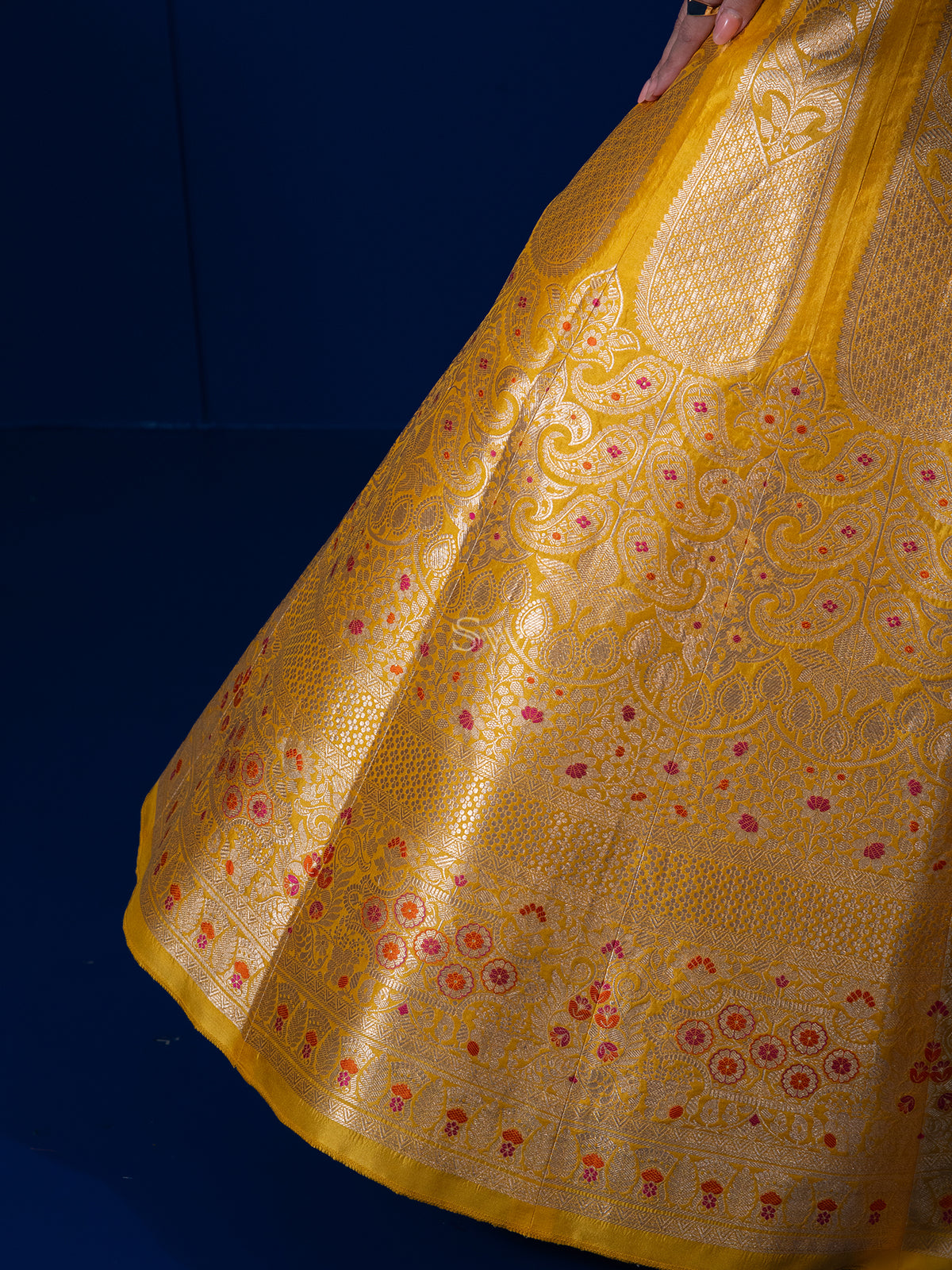 Mustard Meenakari Silk Handloom Banarasi Lehenga - Sacred Weaves