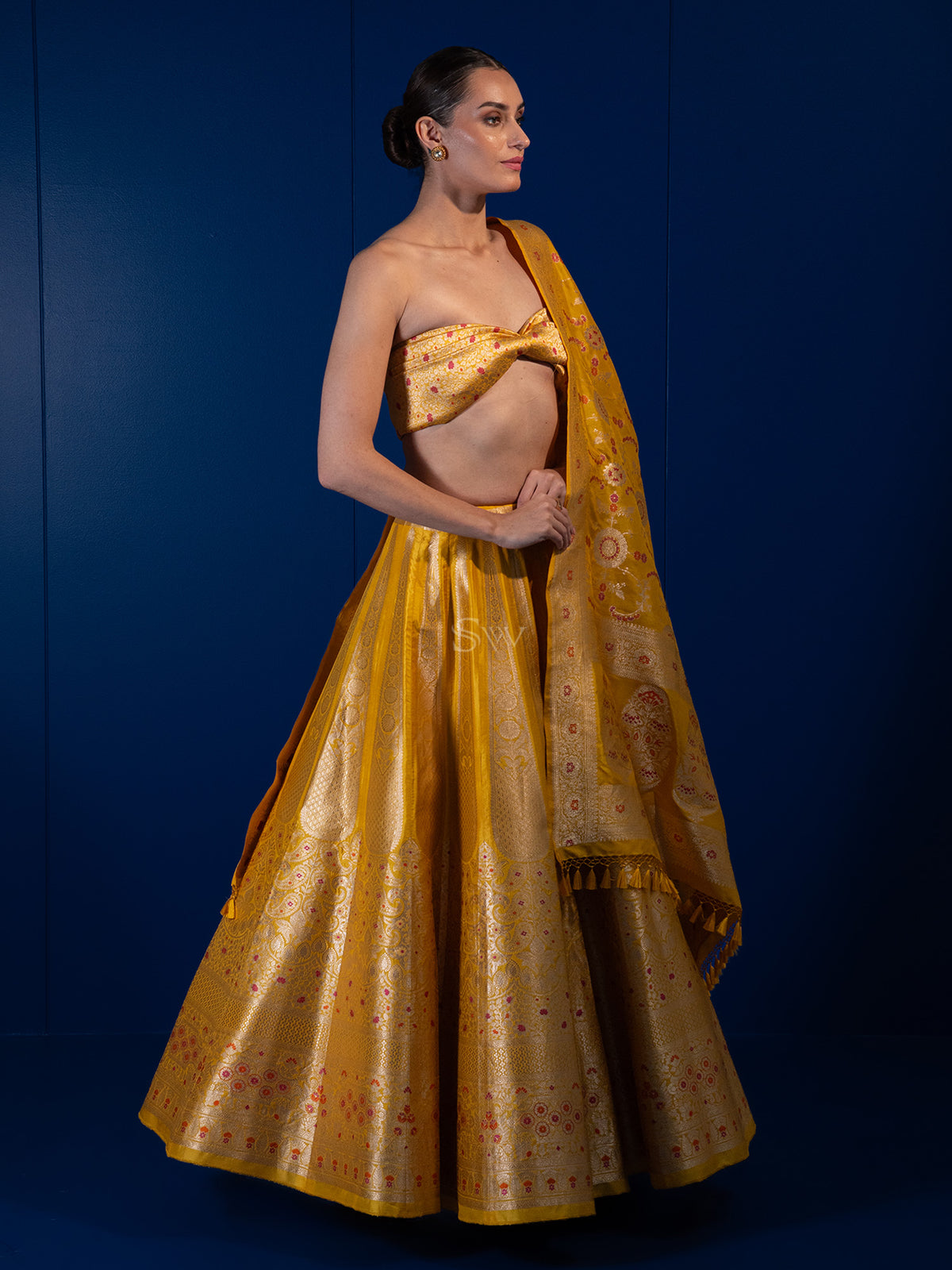 Mustard Meenakari Silk Handloom Banarasi Lehenga - Sacred Weaves